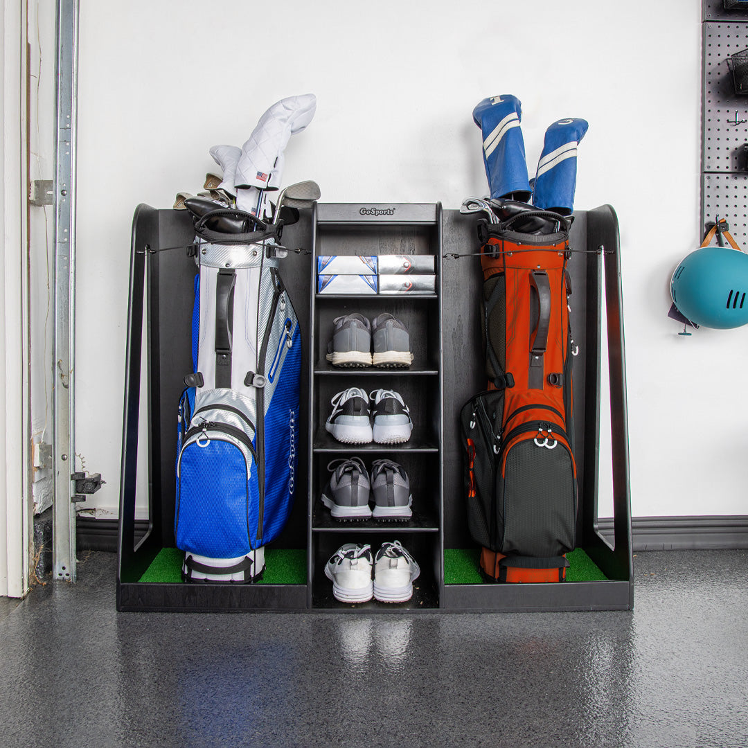 Golf bag and shoes storage unit in a garage setting