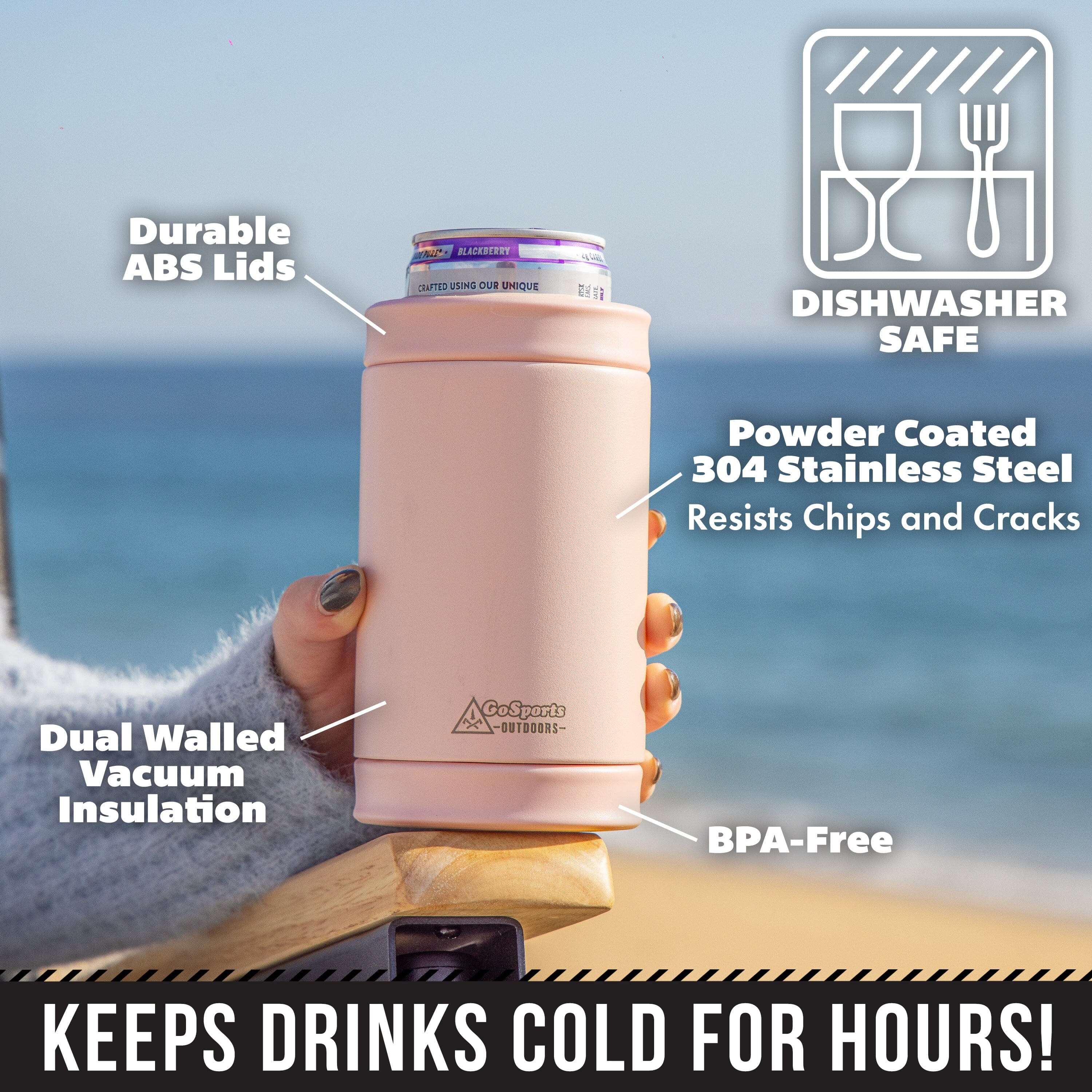 DUALIE 3 in 1 Insulated Can Cooler - Universal Size for 12 oz Cans, Slim Cans, and Bottles - Rose GoSports 