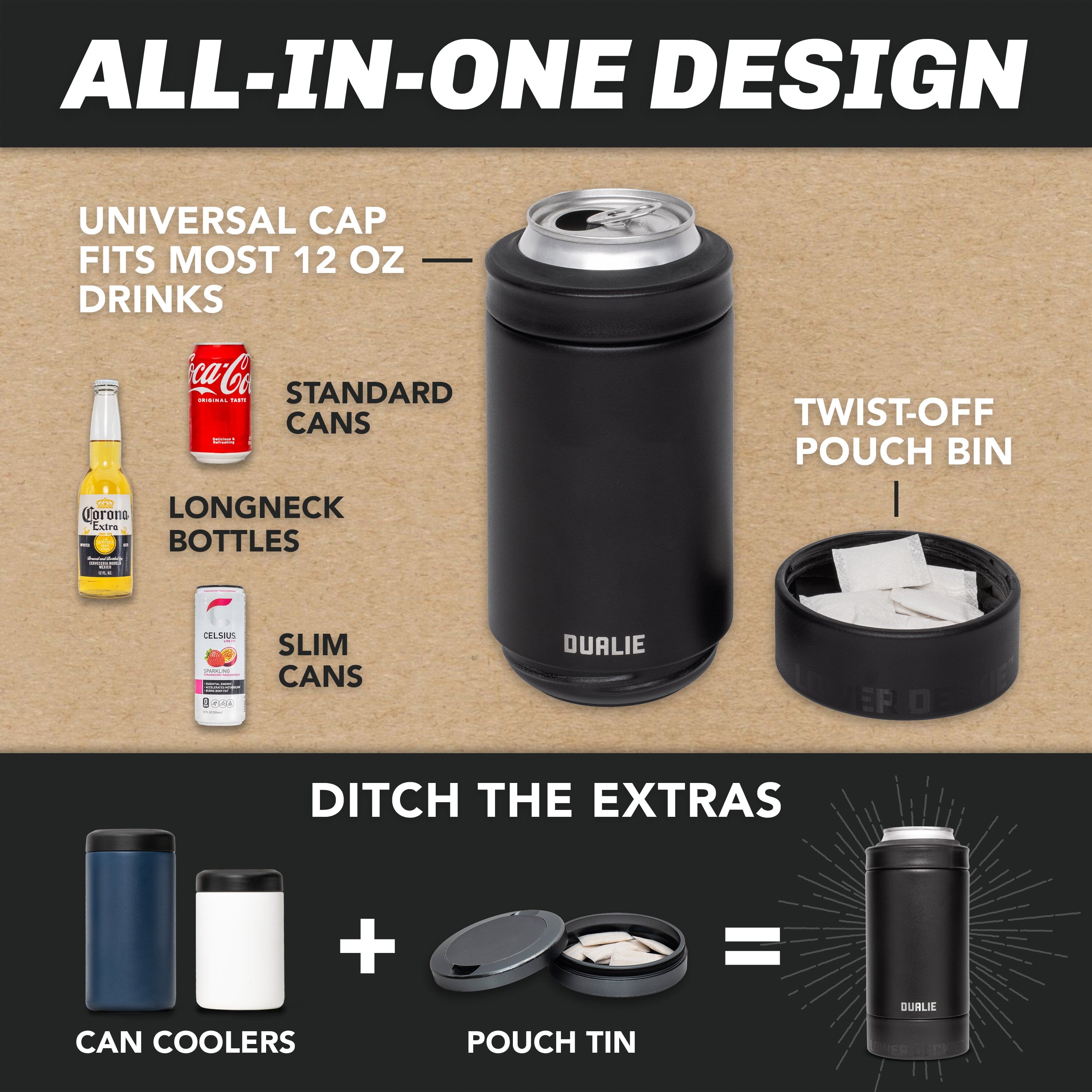 DUALIE Lower Deckie - Insulated 12 oz Can Cooler with Pouch Container - Universal Drink Holder with Built-in Pouch Bin - Black PlayGoSports.com 