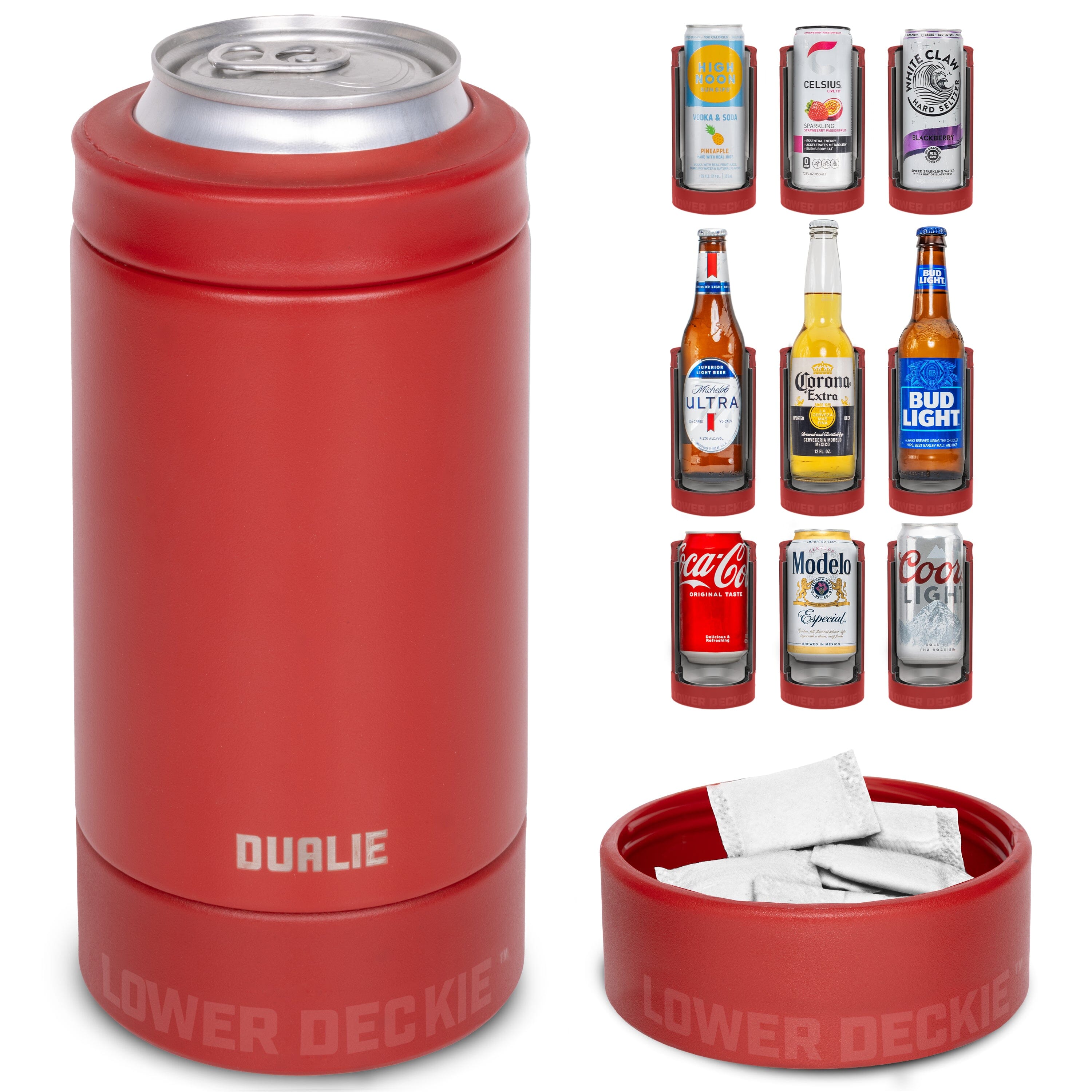 DUALIE Lower Deckie - Insulated 12 oz Can Cooler with Pouch Container - Universal Drink Holder with Built-in Pouch Bin - Burnt Red PlayGoSports.com 