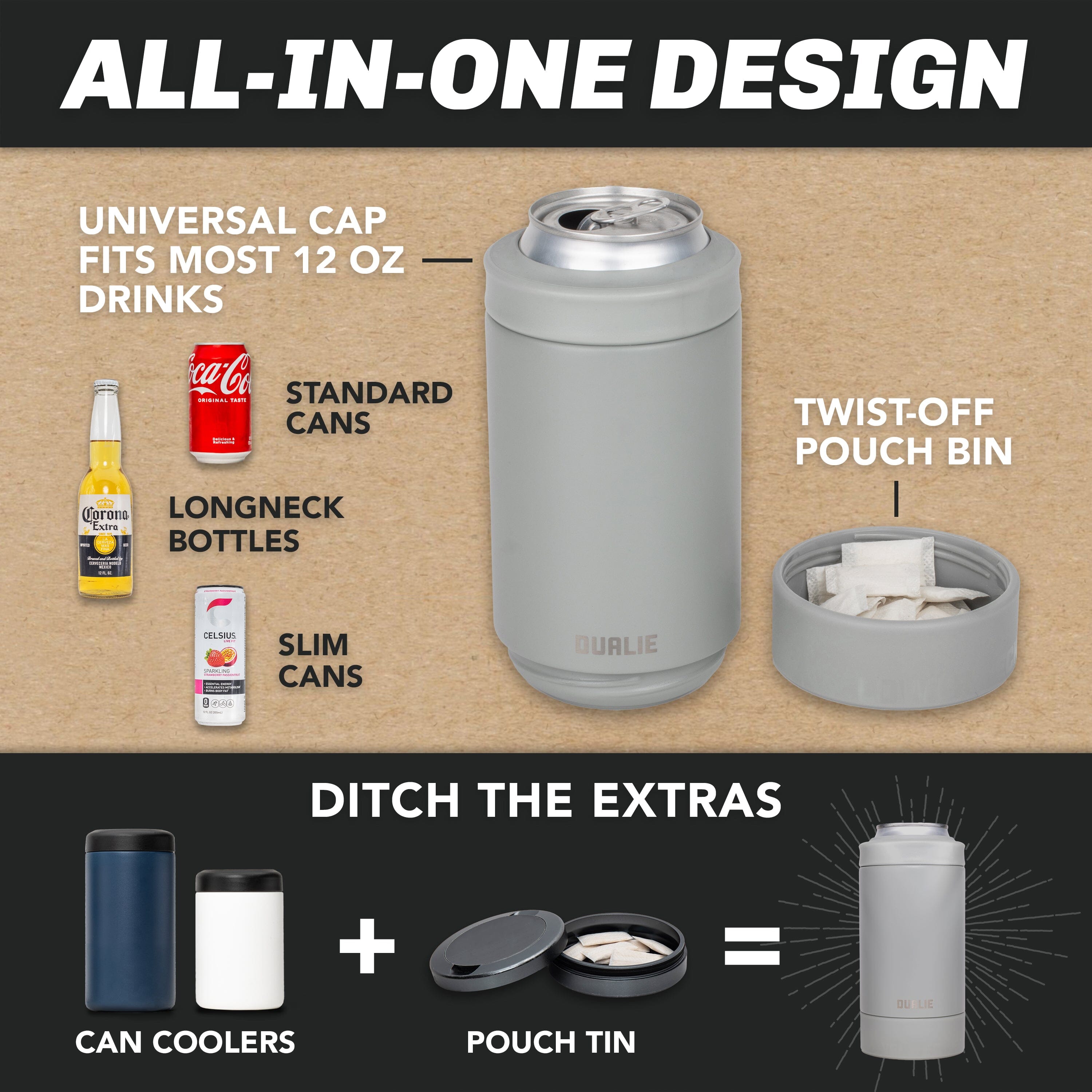 DUALIE Lower Deckie - Insulated 12 oz Can Cooler with Pouch Container - Universal Drink Holder with Built-in Pouch Bin - Fog Gray PlayGoSports.com 