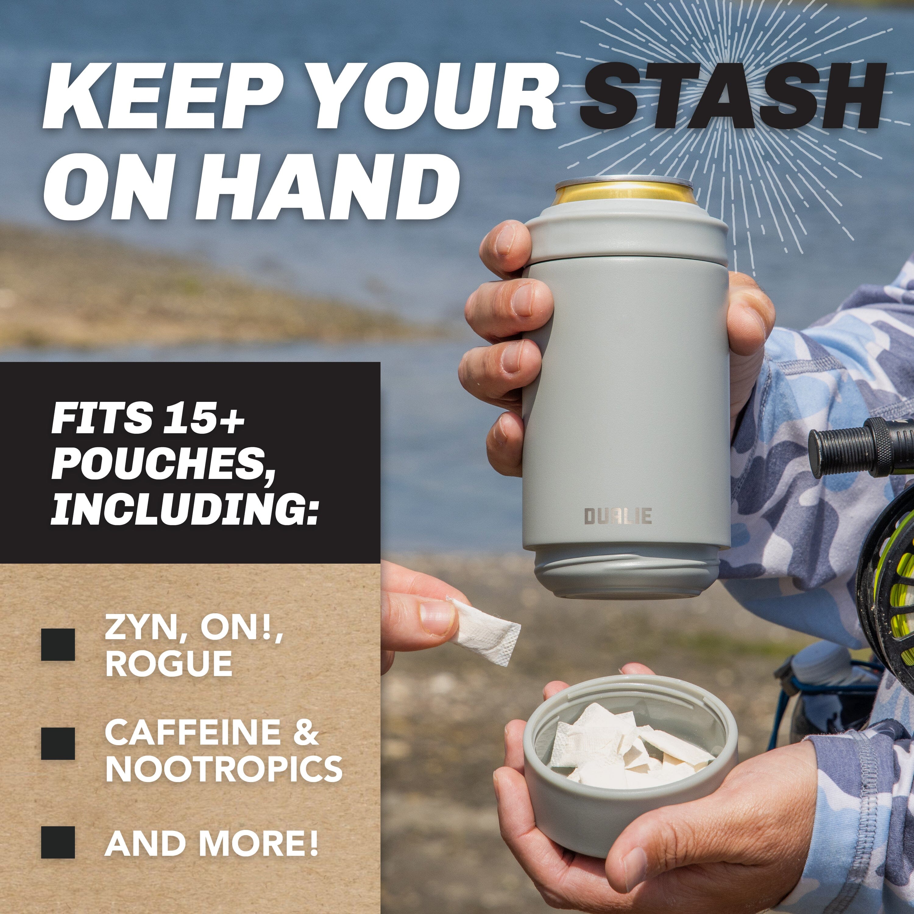 DUALIE Lower Deckie - Insulated 12 oz Can Cooler with Pouch Container - Universal Drink Holder with Built-in Pouch Bin - Fog Gray PlayGoSports.com 