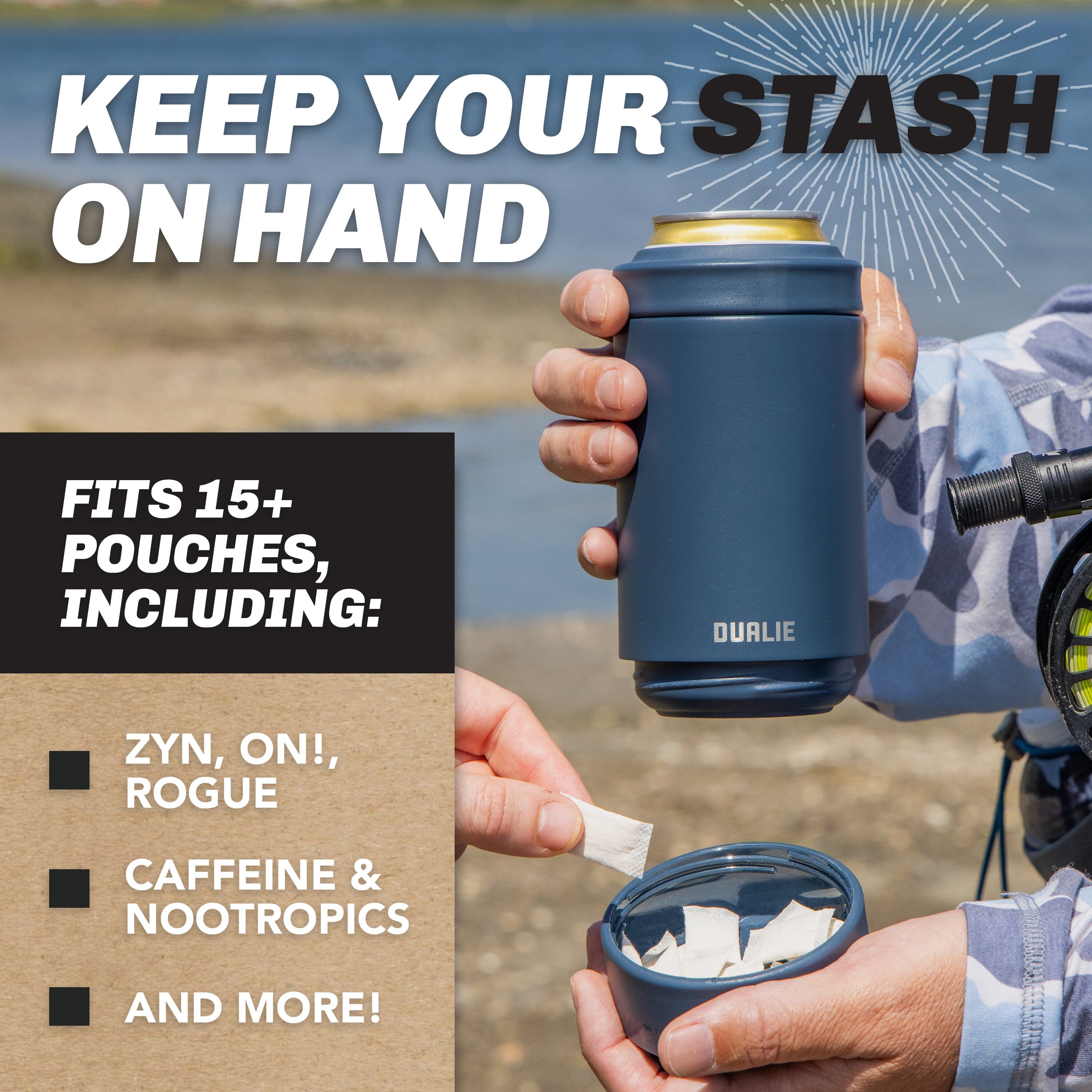 DUALIE Lower Deckie - Insulated 12 oz Can Cooler with Pouch Container - Universal Drink Holder with Built-in Pouch Bin - Navy PlayGoSports.com 
