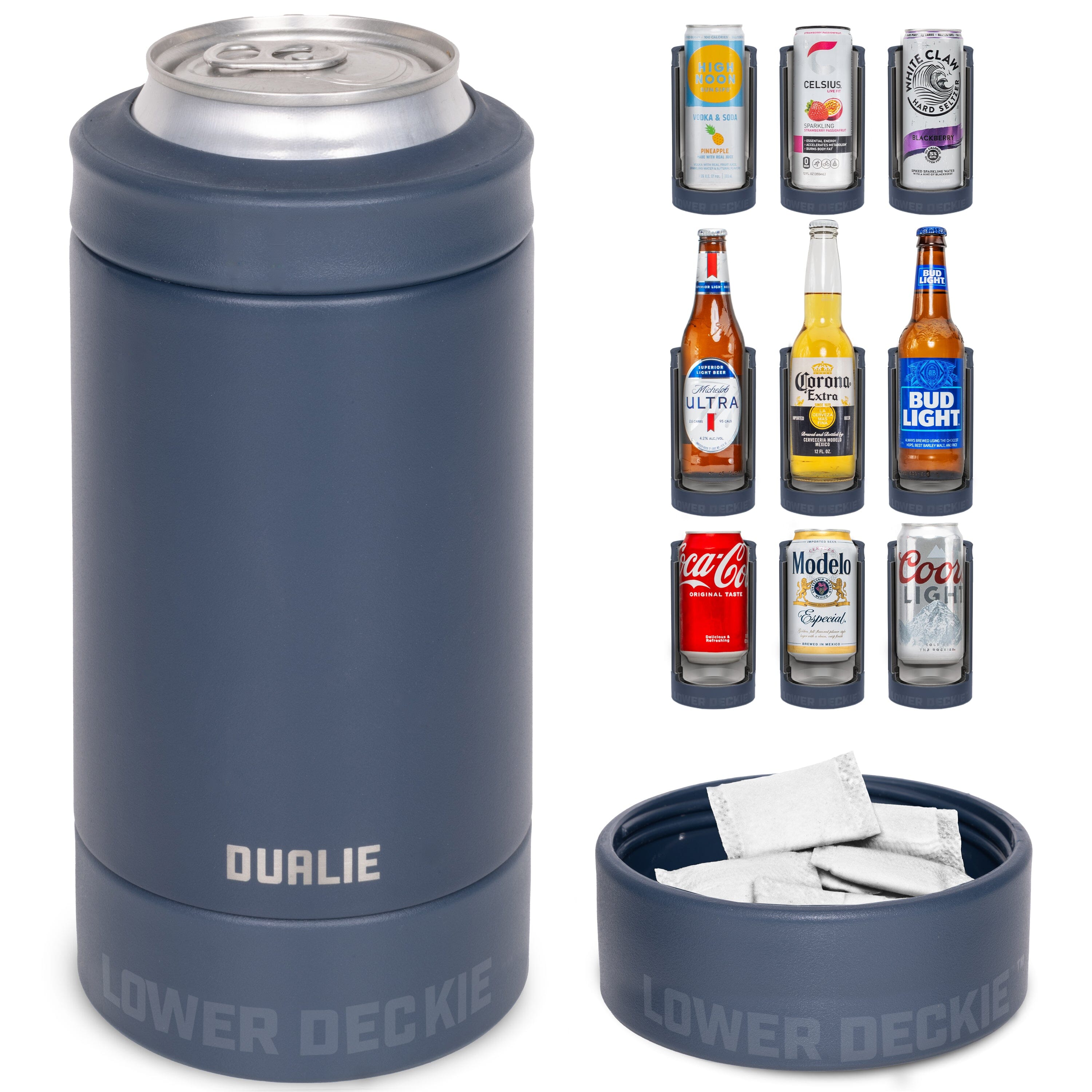 DUALIE Lower Deckie - Insulated 12 oz Can Cooler with Pouch Container - Universal Drink Holder with Built-in Pouch Bin - Navy PlayGoSports.com 