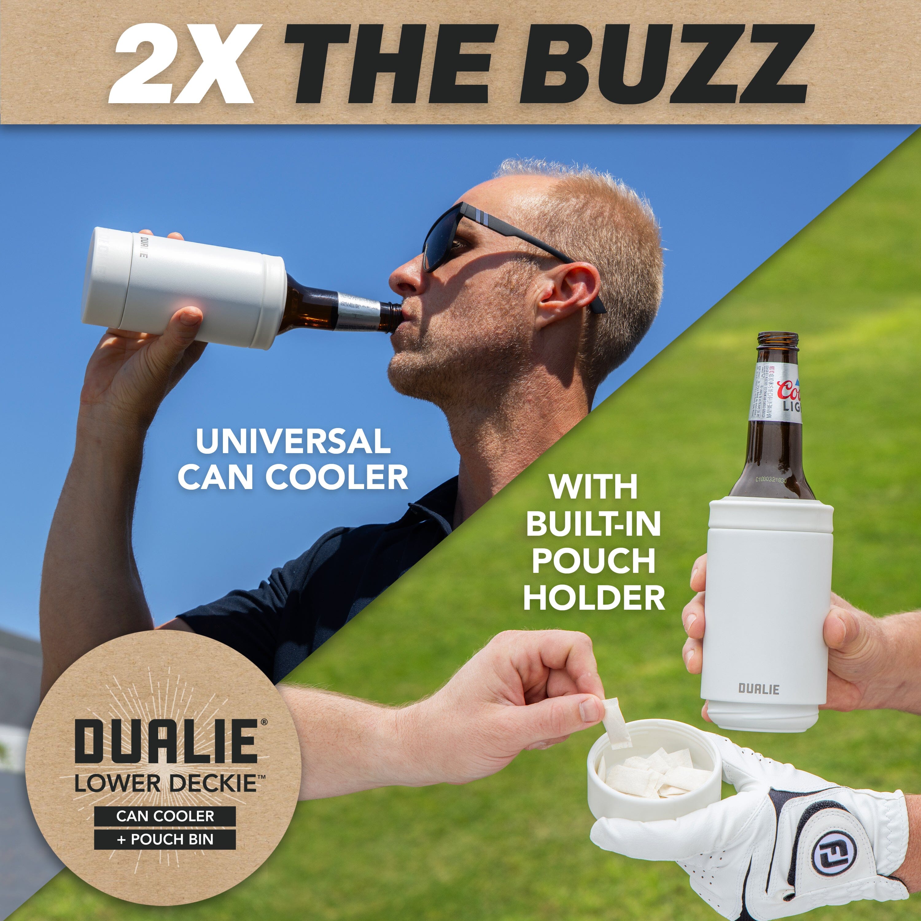 DUALIE Lower Deckie - Insulated 12 oz Can Cooler with Pouch Container - Universal Drink Holder with Built-in Pouch Bin - White PlayGoSports.com 