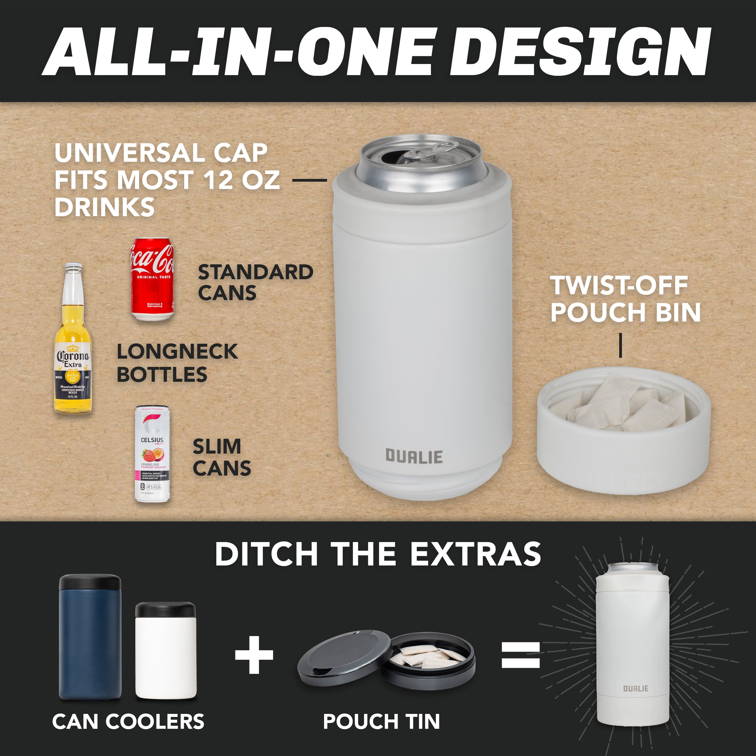DUALIE Lower Deckie - Insulated 12 oz Can Cooler with Pouch Container - Universal Drink Holder with Built-in Pouch Bin - White PlayGoSports.com 