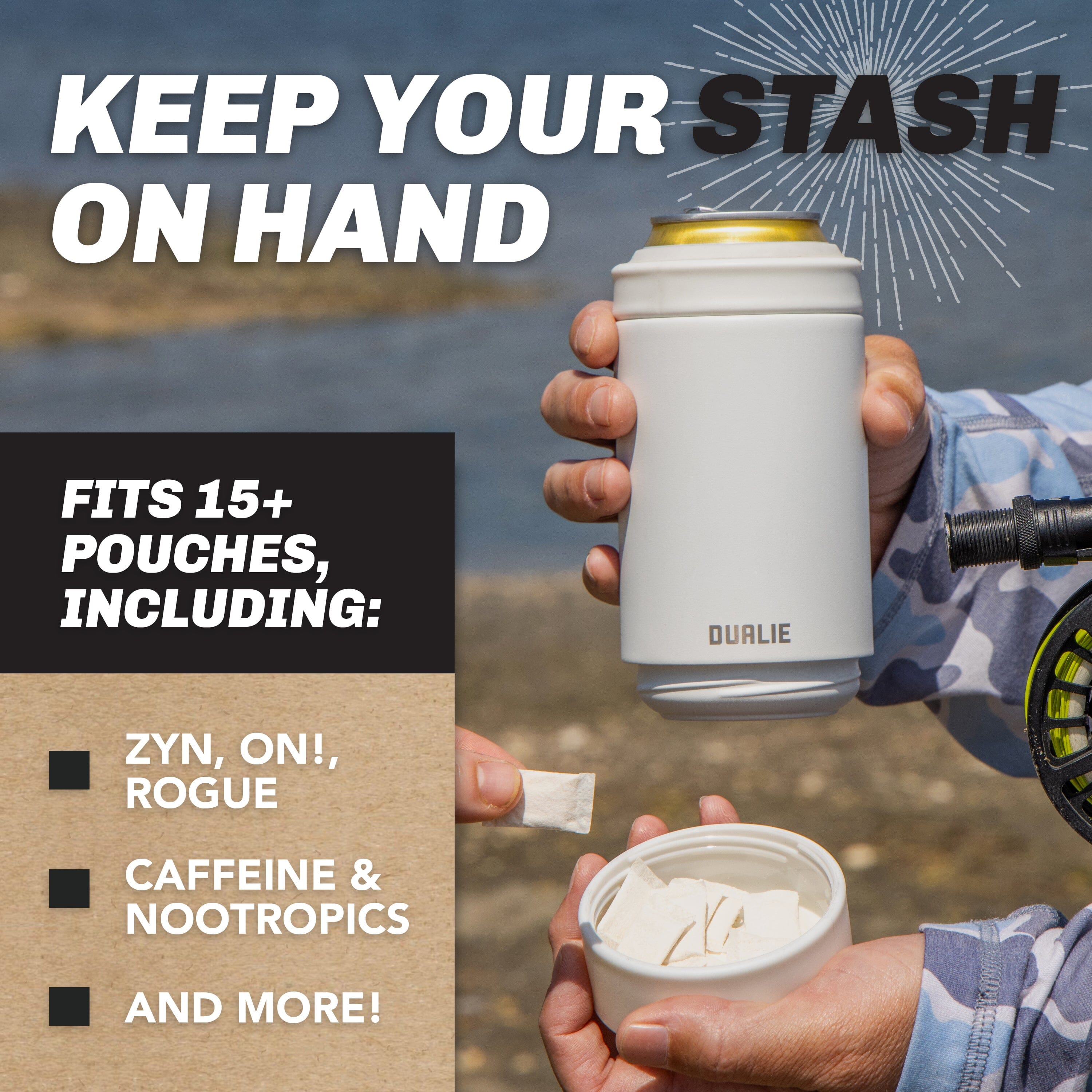 DUALIE Lower Deckie - Insulated 12 oz Can Cooler with Pouch Container - Universal Drink Holder with Built-in Pouch Bin - White PlayGoSports.com 