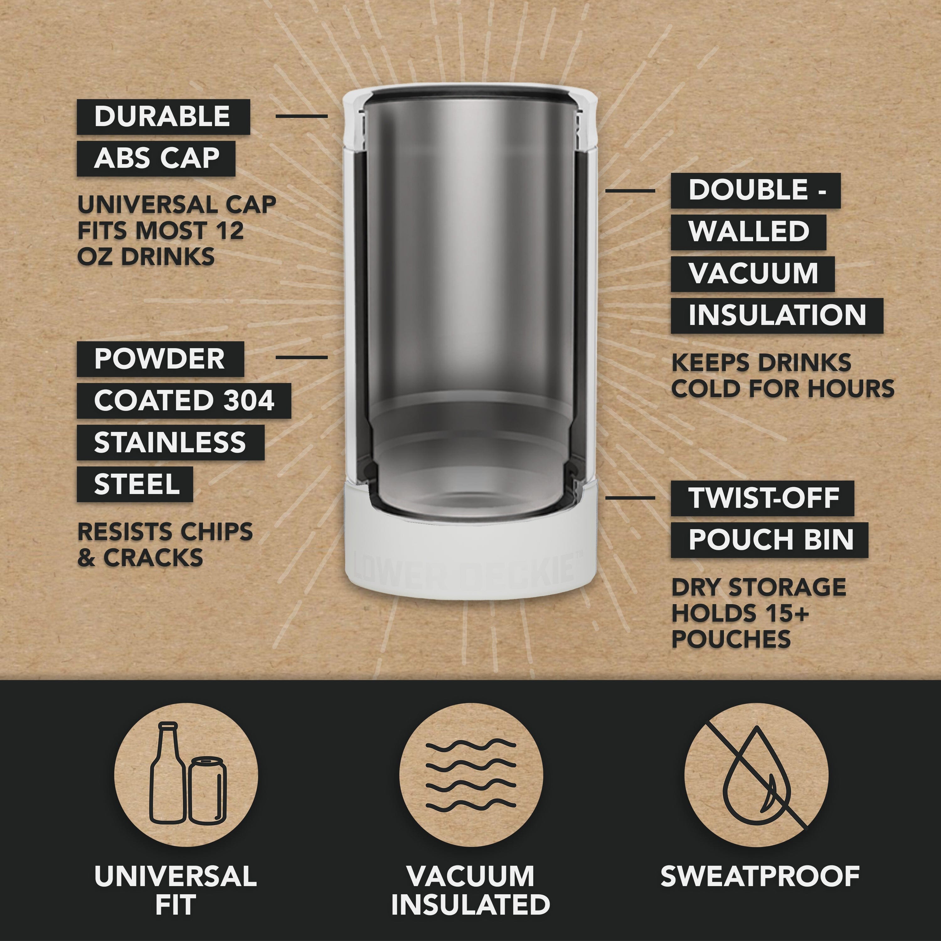 DUALIE Lower Deckie - Insulated 12 oz Can Cooler with Pouch Container - Universal Drink Holder with Built-in Pouch Bin - White PlayGoSports.com 