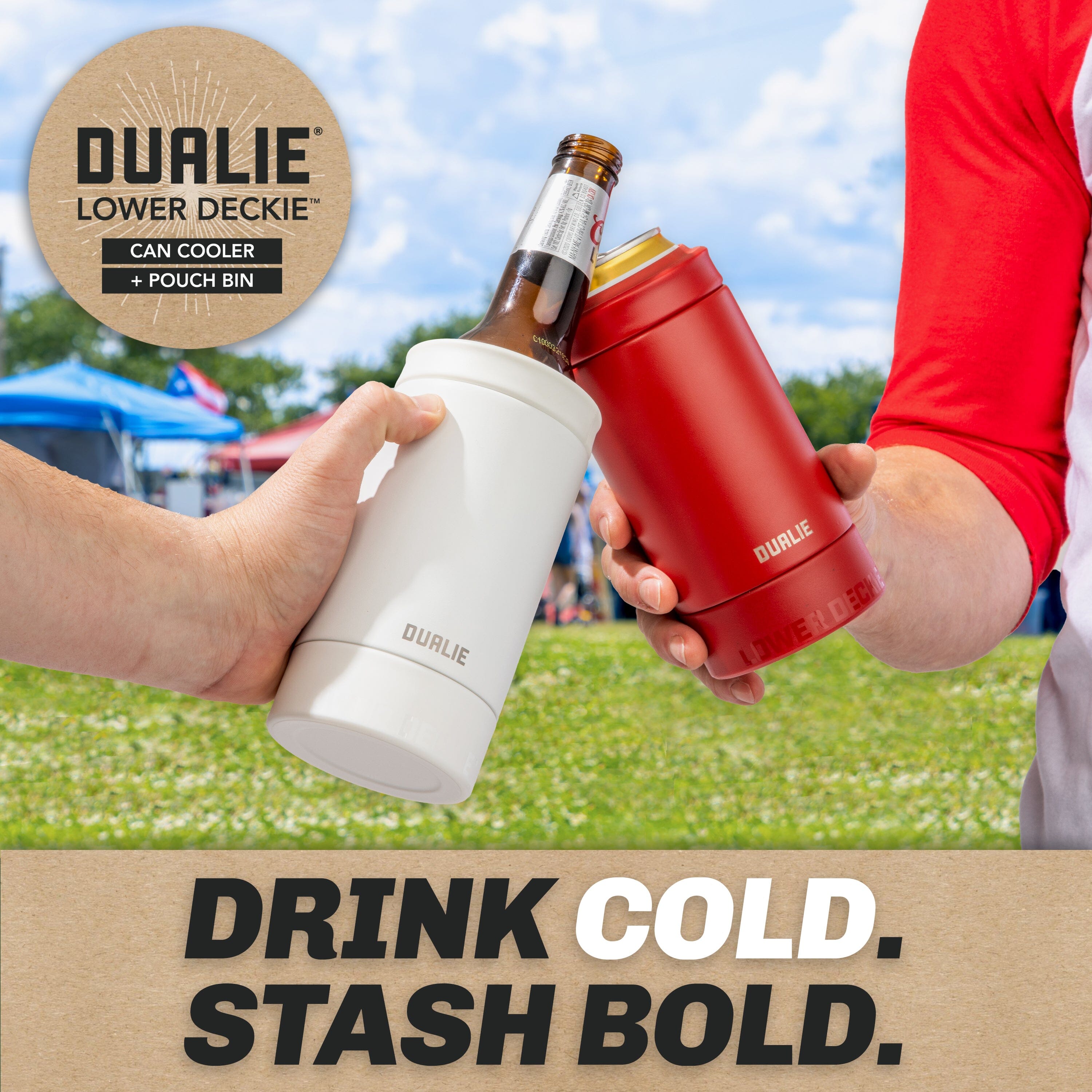 DUALIE Lower Deckie - Insulated 12 oz Can Cooler with Pouch Container - Universal Drink Holder with Built-in Pouch Bin - White PlayGoSports.com 