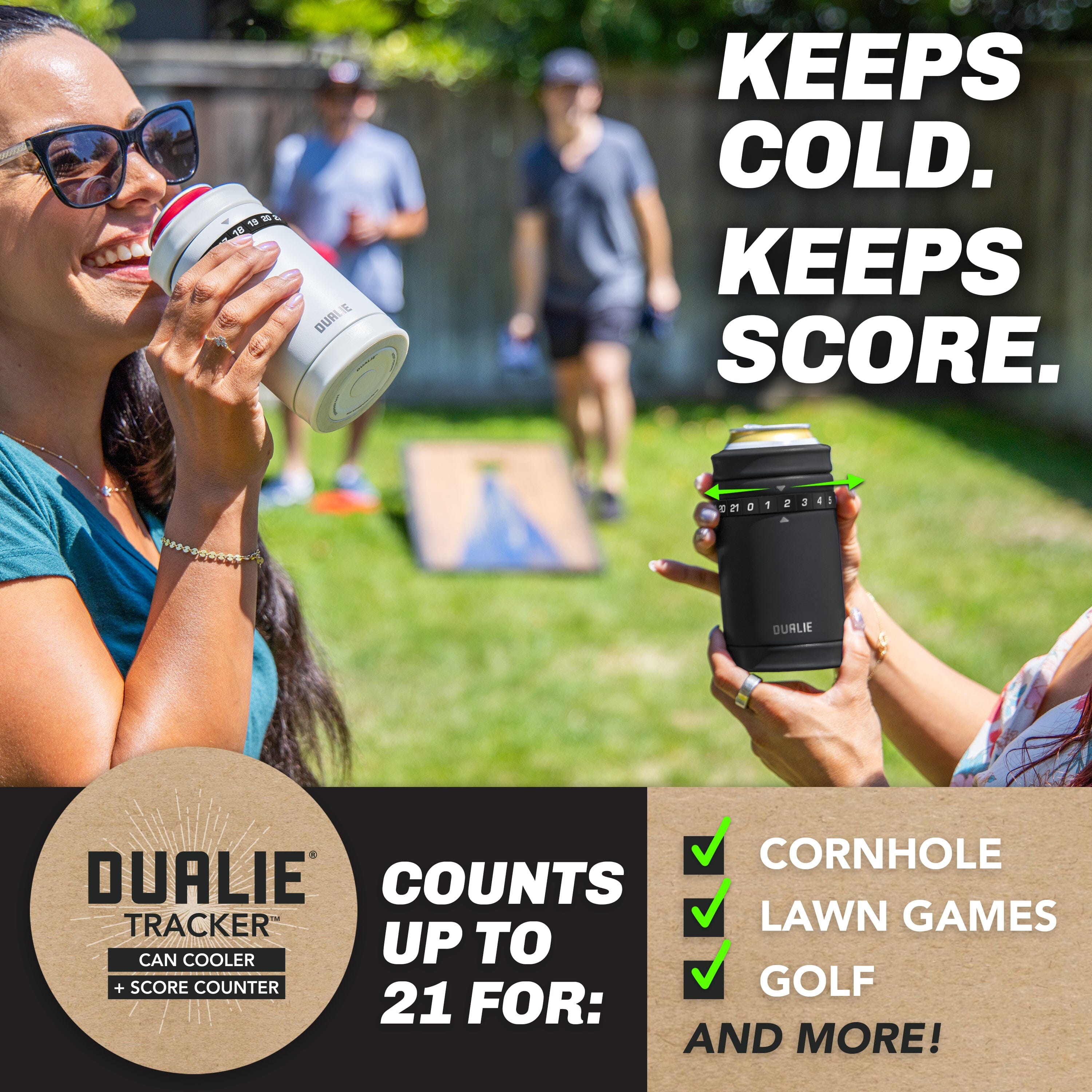 DUALIE Tracker Drink Cooler - Game Score Counter and 3 in 1 Insulated Can Cooler - Universal Size for 12 oz Cans, Slim Cans, and Bottles - Black Playgosports.com 