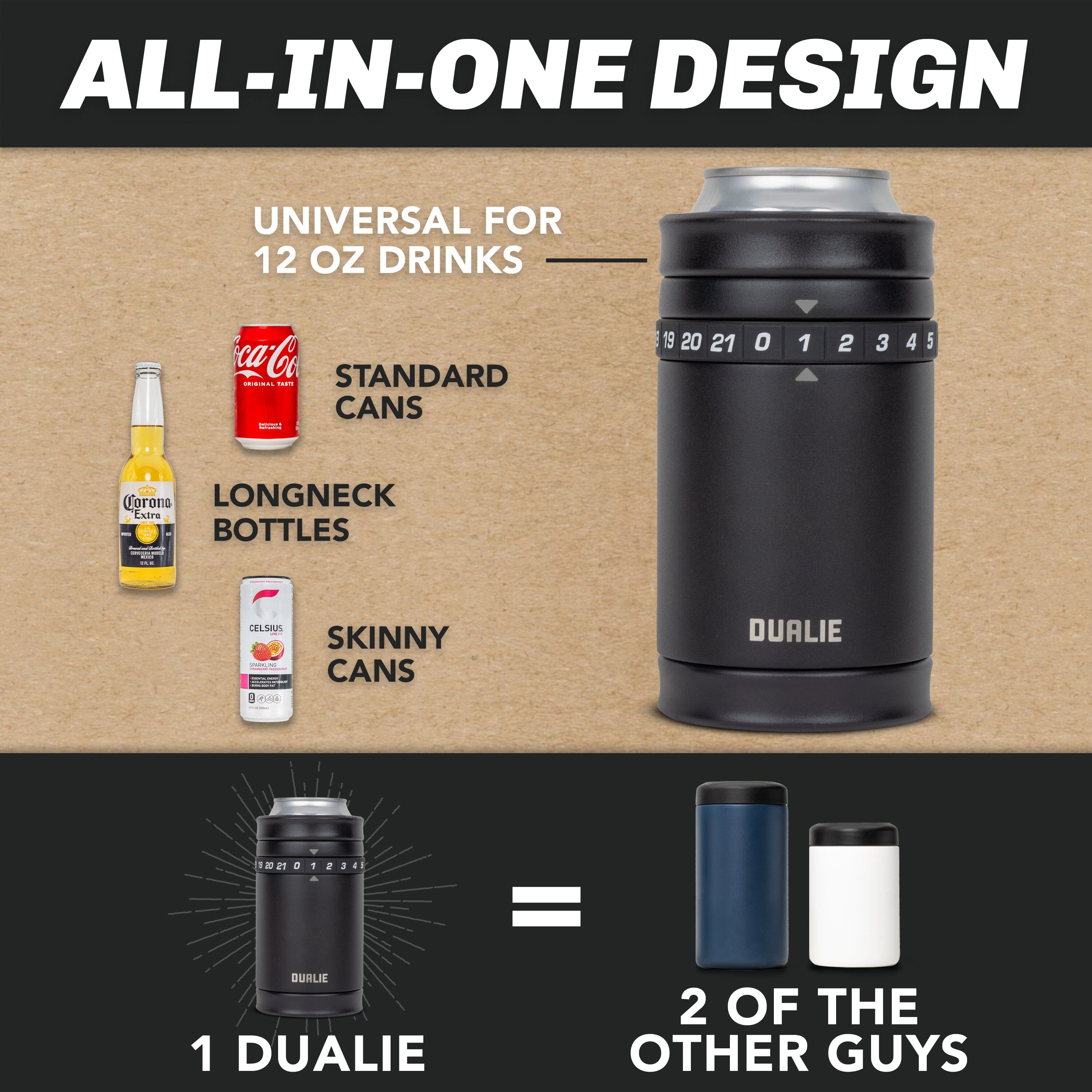 DUALIE Tracker Drink Cooler - Game Score Counter and 3 in 1 Insulated Can Cooler - Universal Size for 12 oz Cans, Slim Cans, and Bottles - Black Playgosports.com 