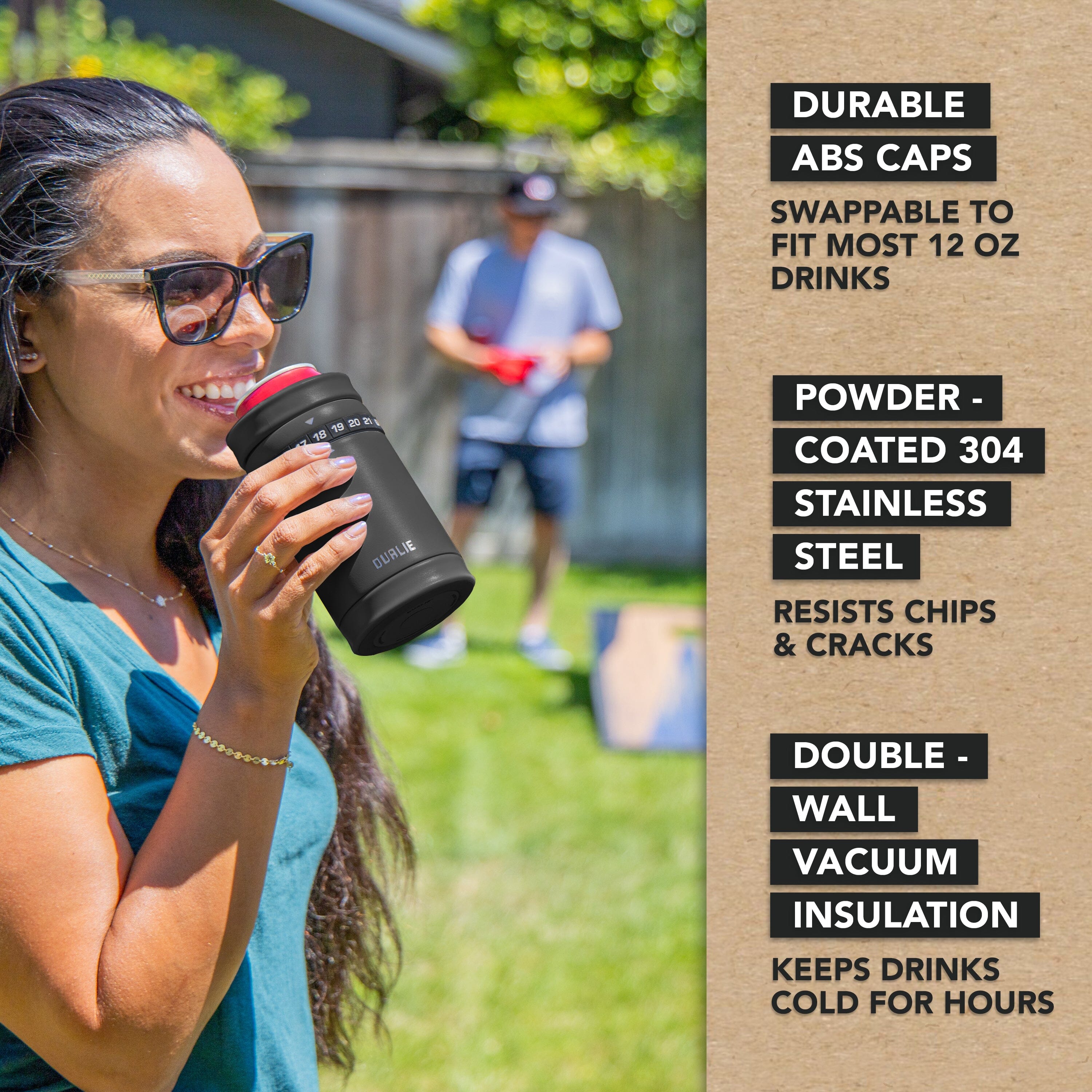 DUALIE Tracker Drink Cooler - Game Score Counter and 3 in 1 Insulated Can Cooler - Universal Size for 12 oz Cans, Slim Cans, and Bottles - Black Playgosports.com 