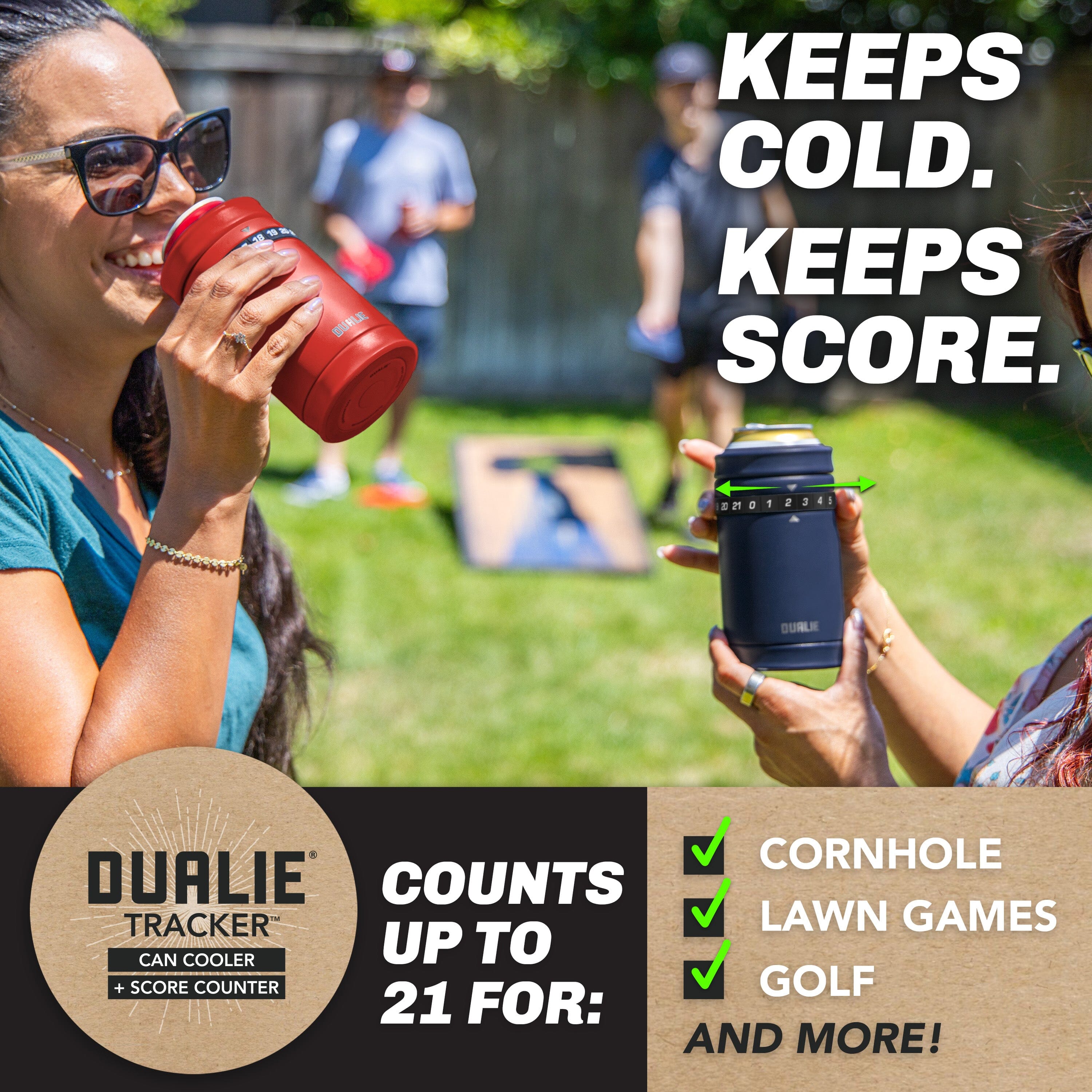 DUALIE Tracker Drink Cooler - Game Score Counter and 3 in 1 Insulated Can Cooler - Universal Size for 12 oz Cans, Slim Cans, and Bottles - Burnt Red Playgosports.com 