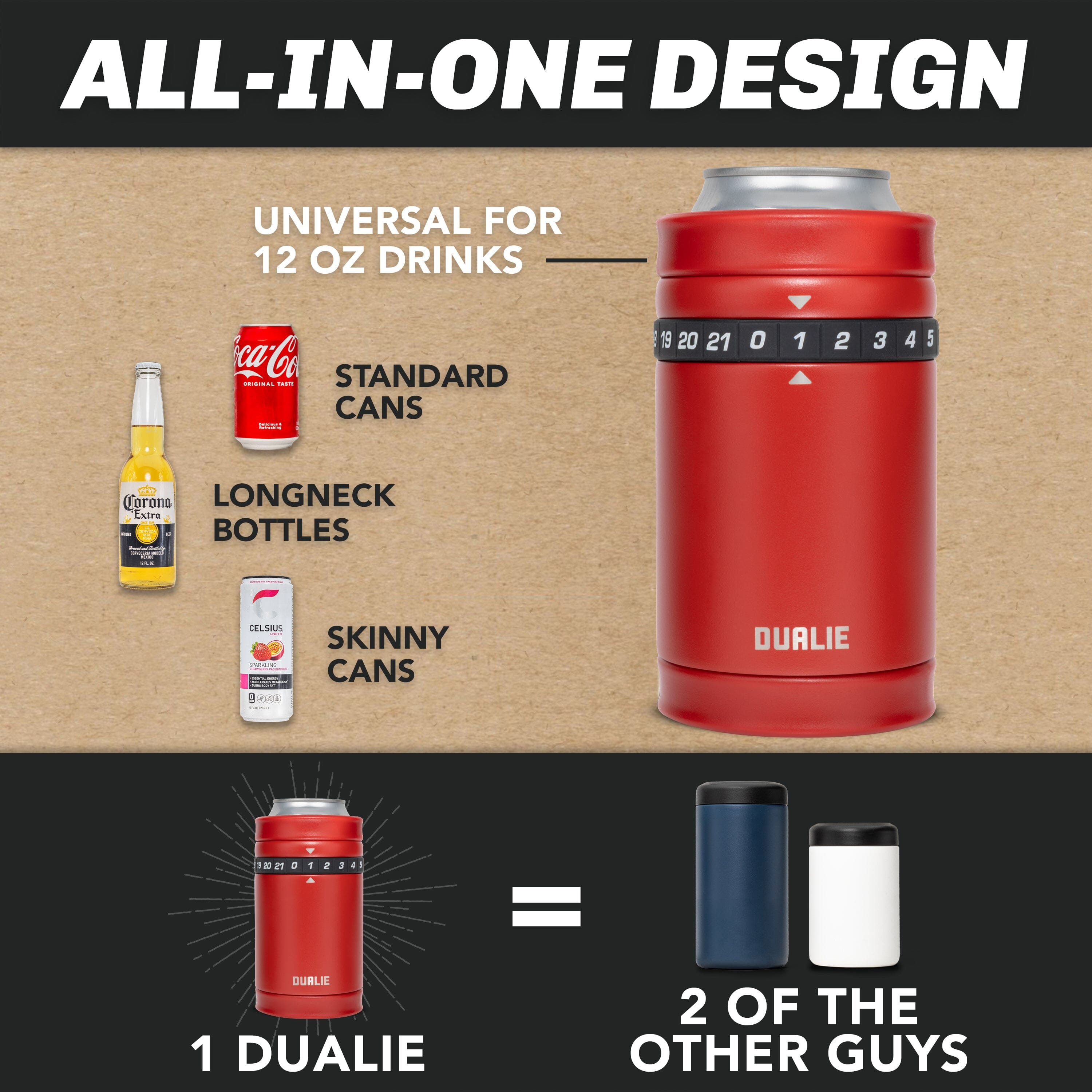 DUALIE Tracker Drink Cooler - Game Score Counter and 3 in 1 Insulated Can Cooler - Universal Size for 12 oz Cans, Slim Cans, and Bottles - Burnt Red Playgosports.com 