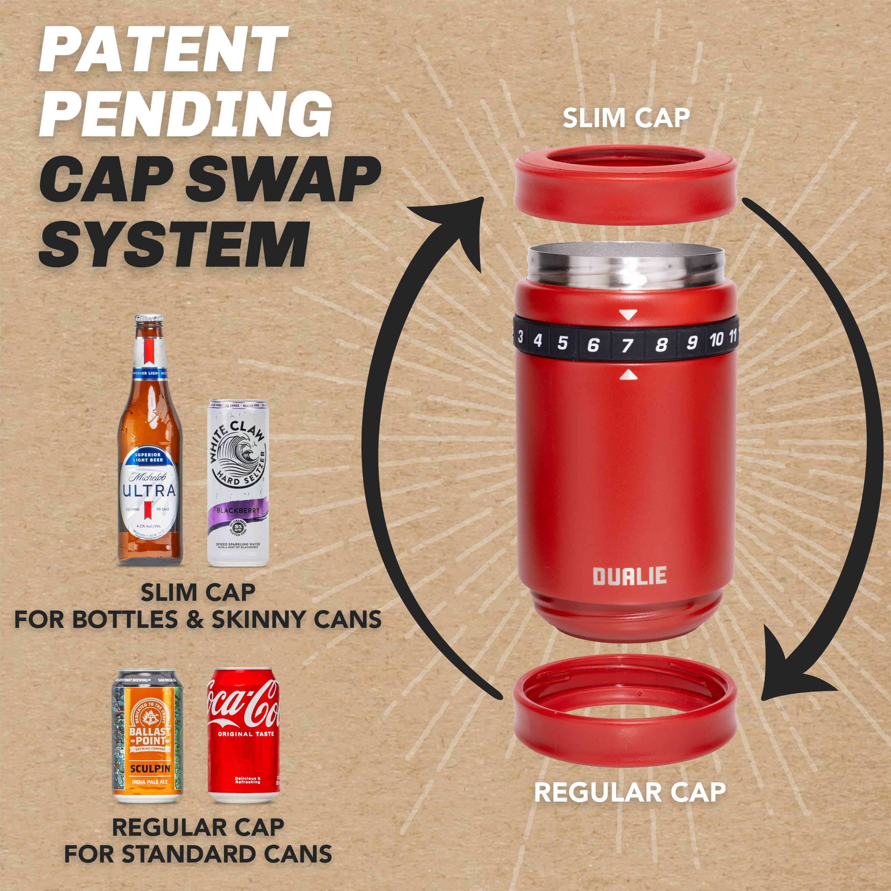 DUALIE Tracker Drink Cooler - Game Score Counter and 3 in 1 Insulated Can Cooler - Universal Size for 12 oz Cans, Slim Cans, and Bottles - Burnt Red Playgosports.com 