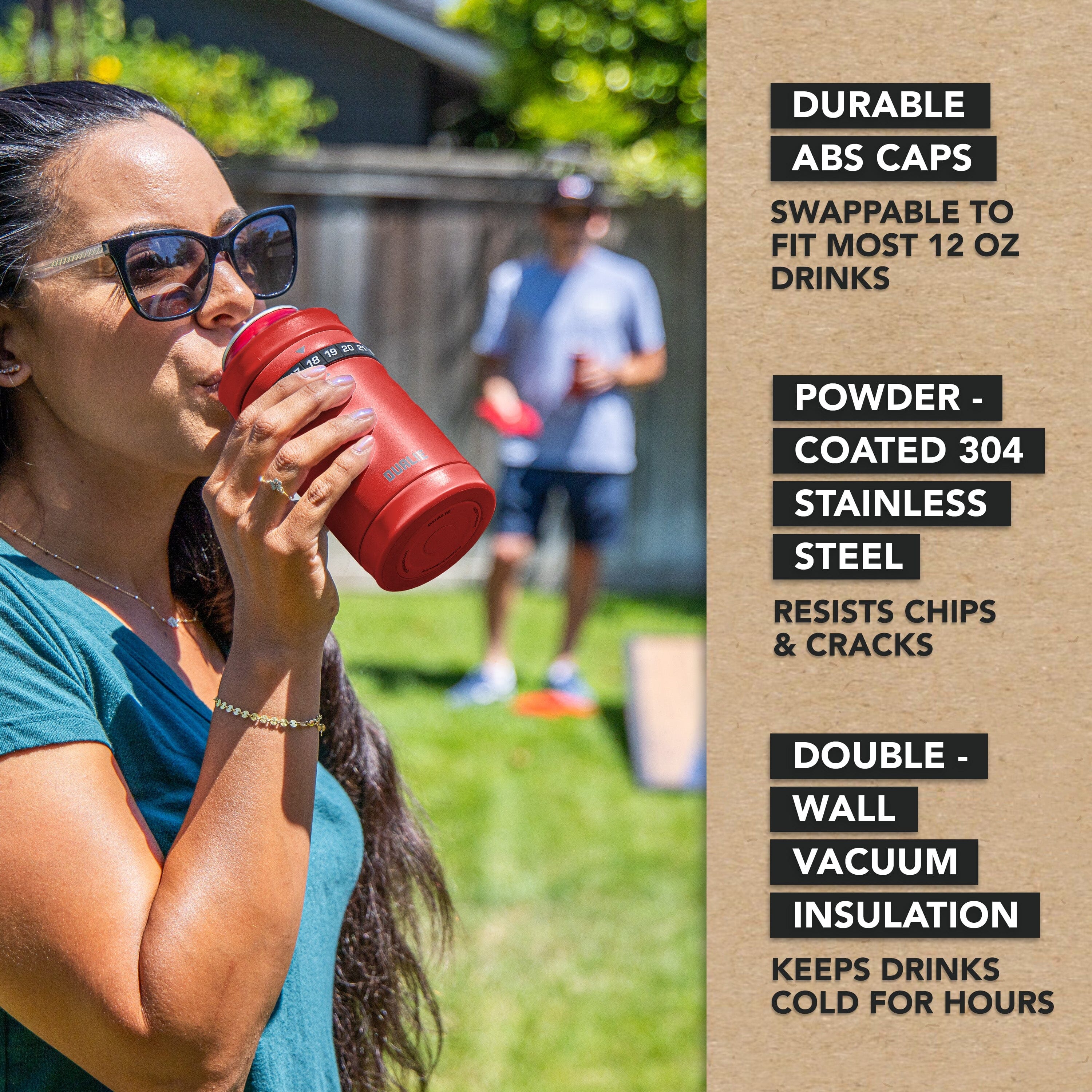 DUALIE Tracker Drink Cooler - Game Score Counter and 3 in 1 Insulated Can Cooler - Universal Size for 12 oz Cans, Slim Cans, and Bottles - Burnt Red Playgosports.com 