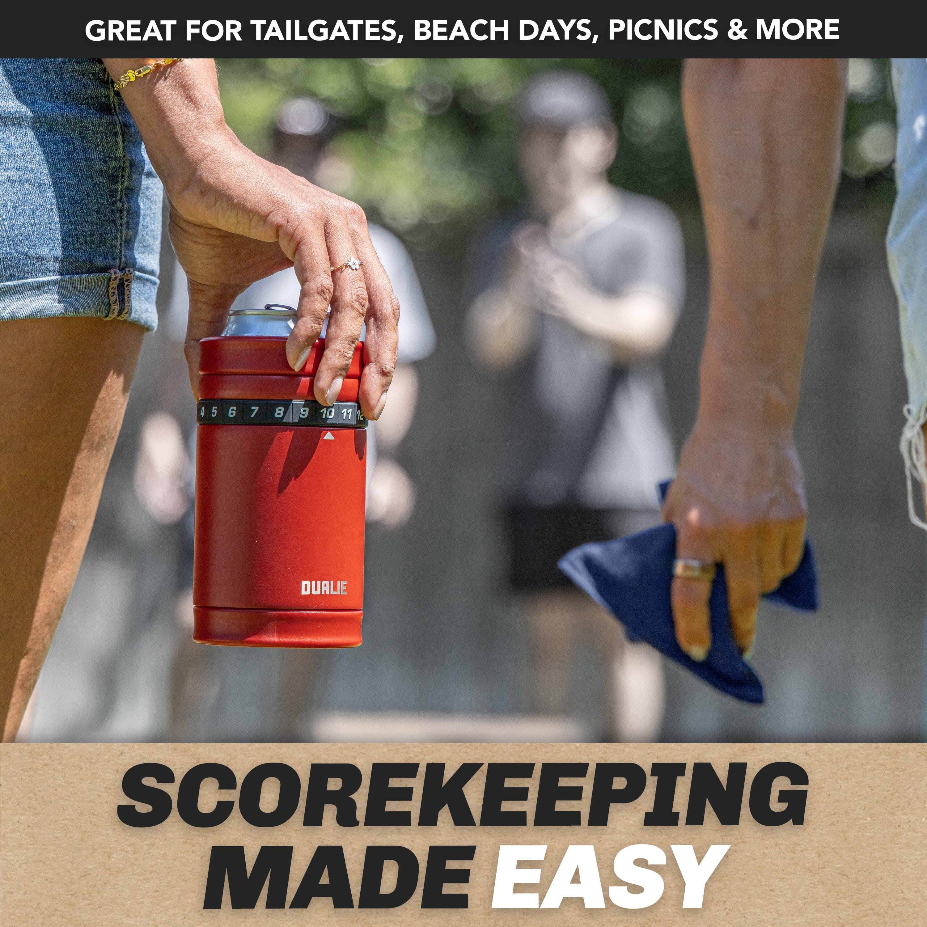 DUALIE Tracker Drink Cooler - Game Score Counter and 3 in 1 Insulated Can Cooler - Universal Size for 12 oz Cans, Slim Cans, and Bottles - Burnt Red Playgosports.com 