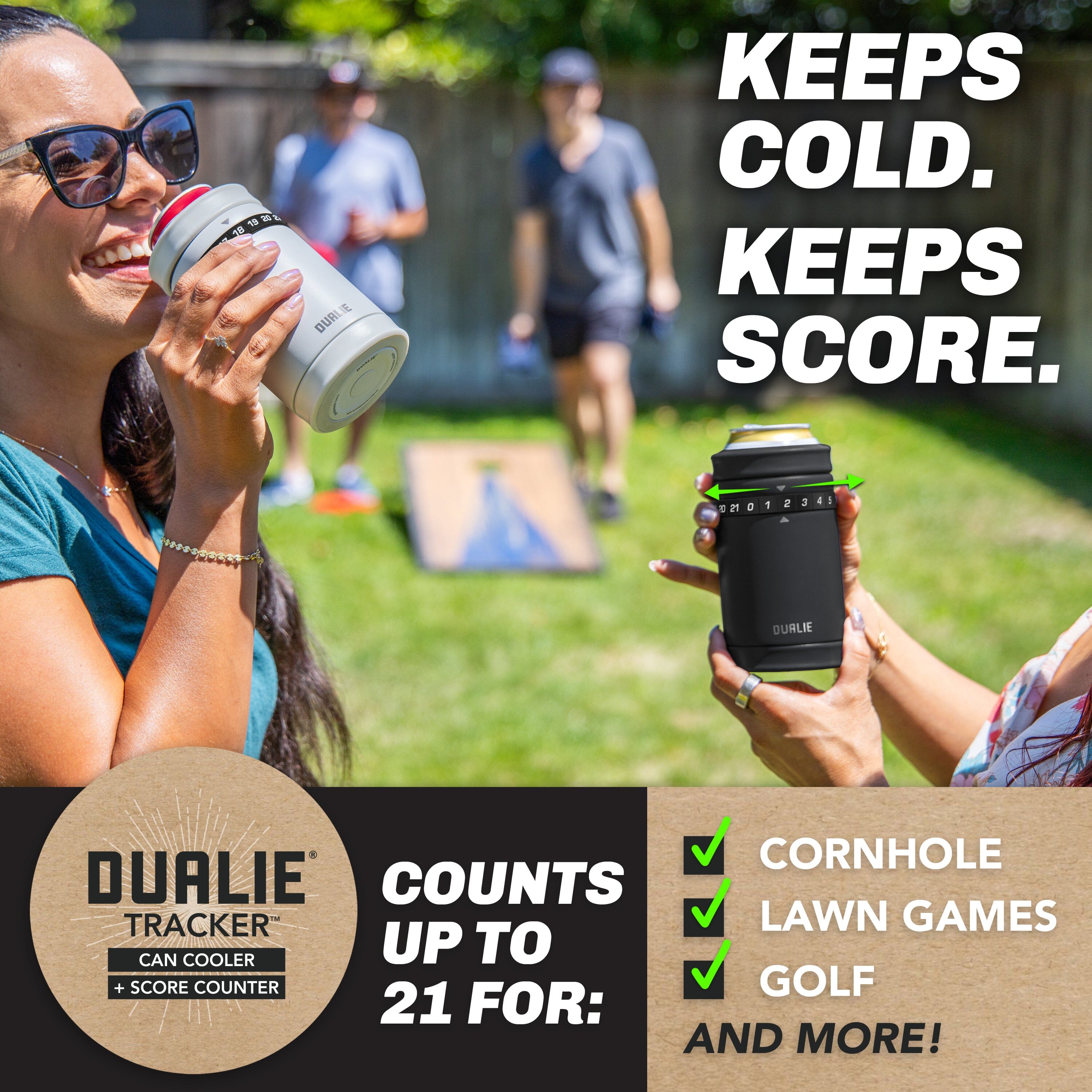 DUALIE Tracker Drink Cooler - Game Score Counter and 3 in 1 Insulated Can Cooler - Universal Size for 12 oz Cans, Slim Cans, and Bottles - Fog Gray Playgosports.com 