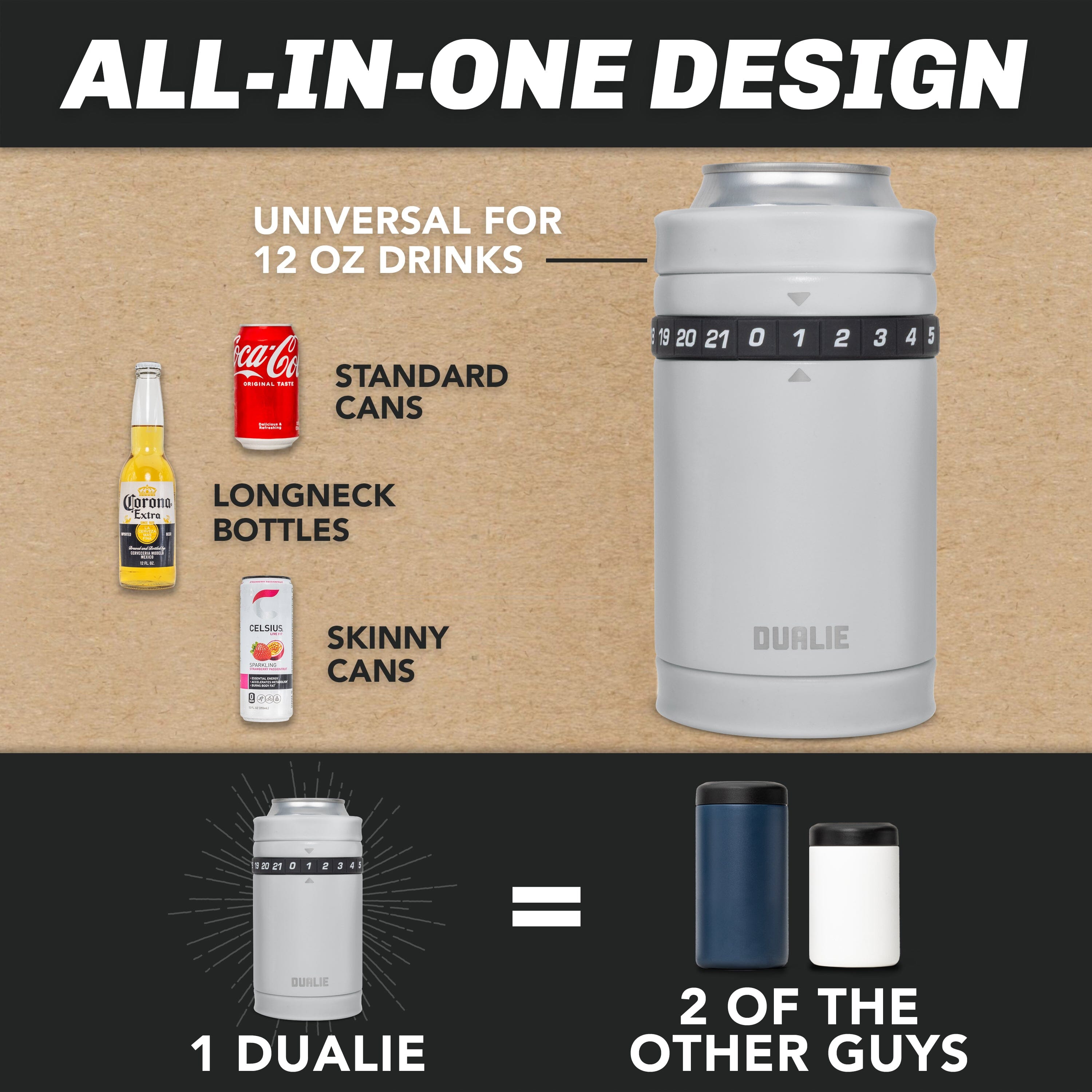 DUALIE Tracker Drink Cooler - Game Score Counter and 3 in 1 Insulated Can Cooler - Universal Size for 12 oz Cans, Slim Cans, and Bottles - Fog Gray Playgosports.com 
