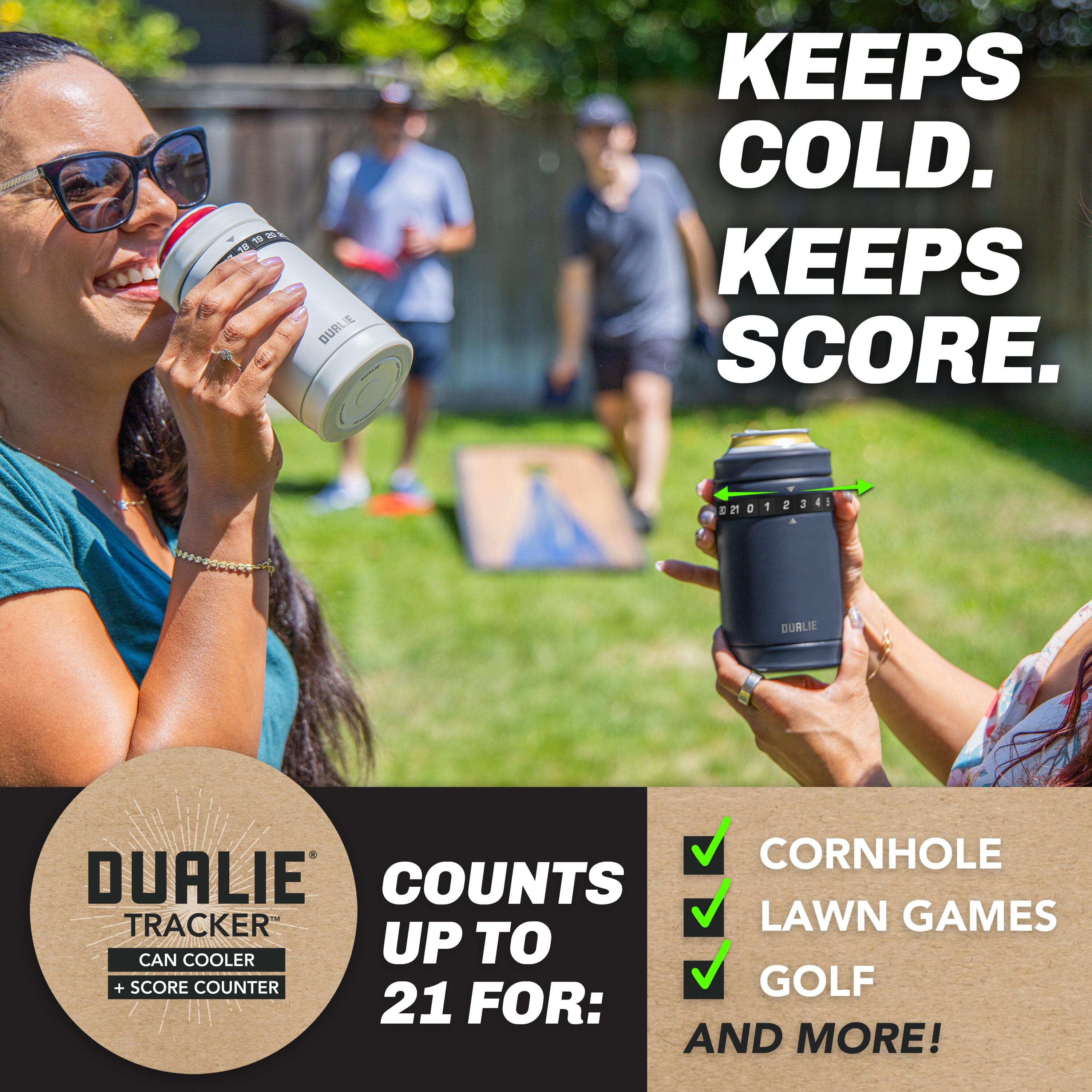 DUALIE Tracker Drink Cooler - Game Score Counter and 3 in 1 Insulated Can Cooler - Universal Size for 12 oz Cans, Slim Cans, and Bottles - Navy Playgosports.com 