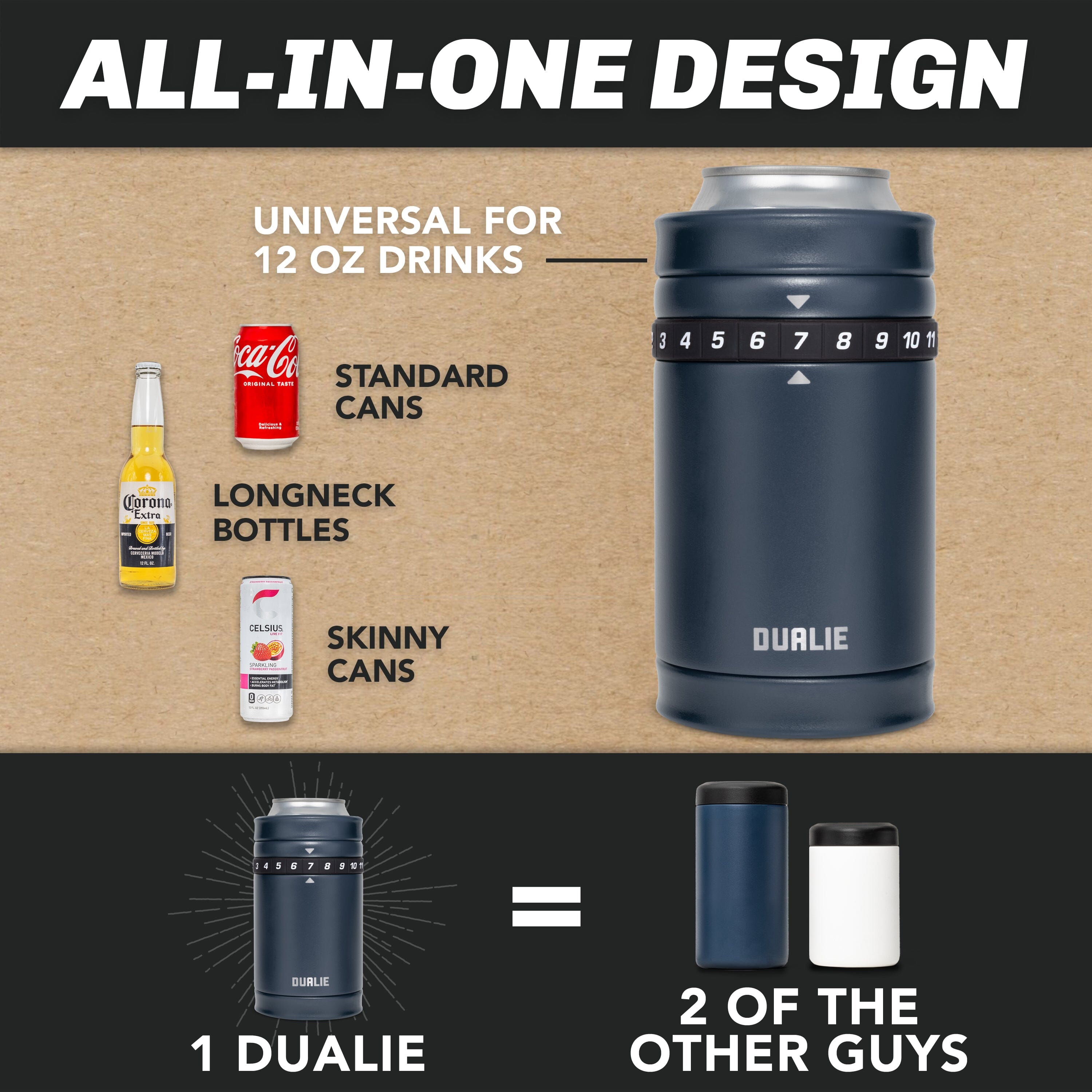 DUALIE Tracker Drink Cooler - Game Score Counter and 3 in 1 Insulated Can Cooler - Universal Size for 12 oz Cans, Slim Cans, and Bottles - Navy Playgosports.com 