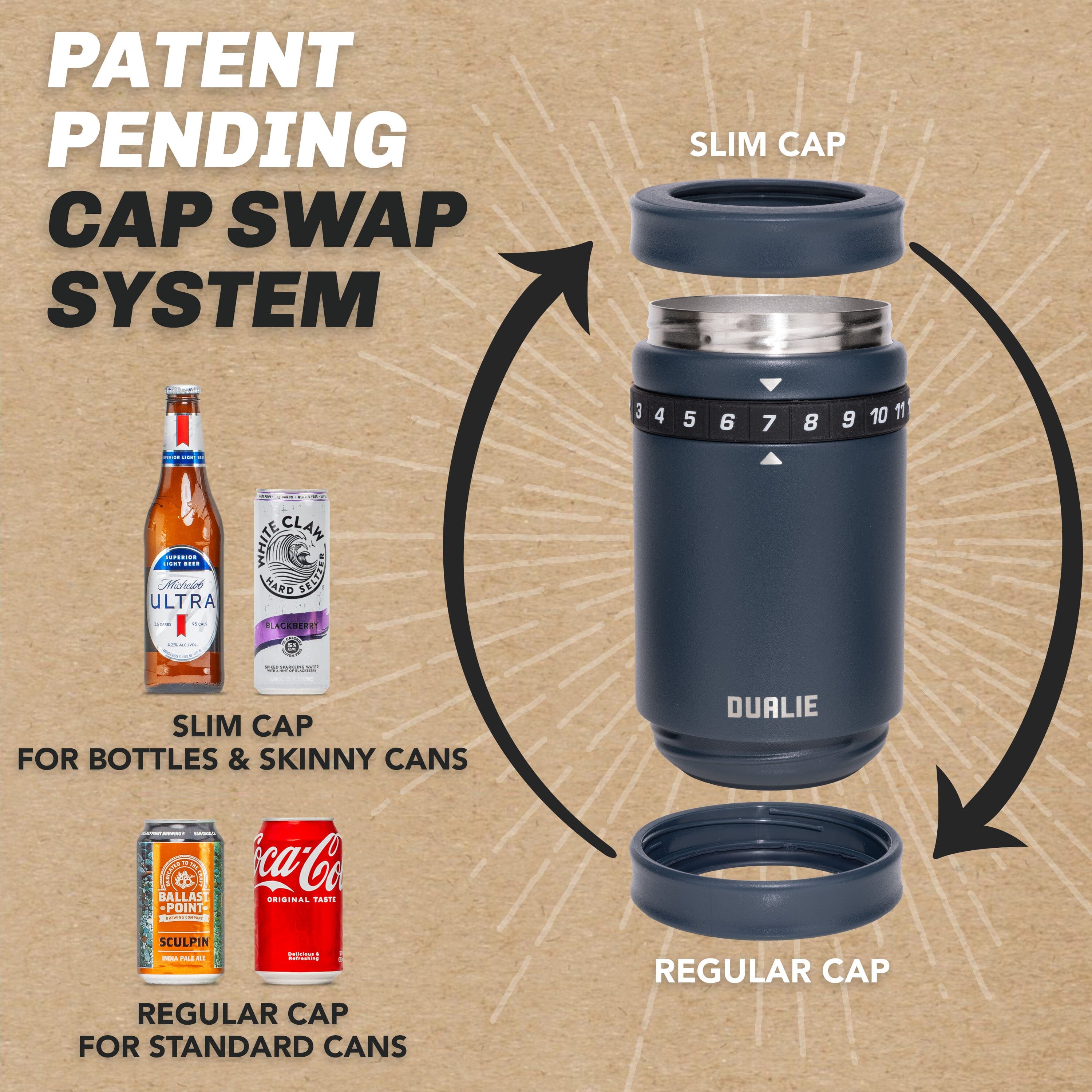 DUALIE Tracker Drink Cooler - Game Score Counter and 3 in 1 Insulated Can Cooler - Universal Size for 12 oz Cans, Slim Cans, and Bottles - Navy Playgosports.com 