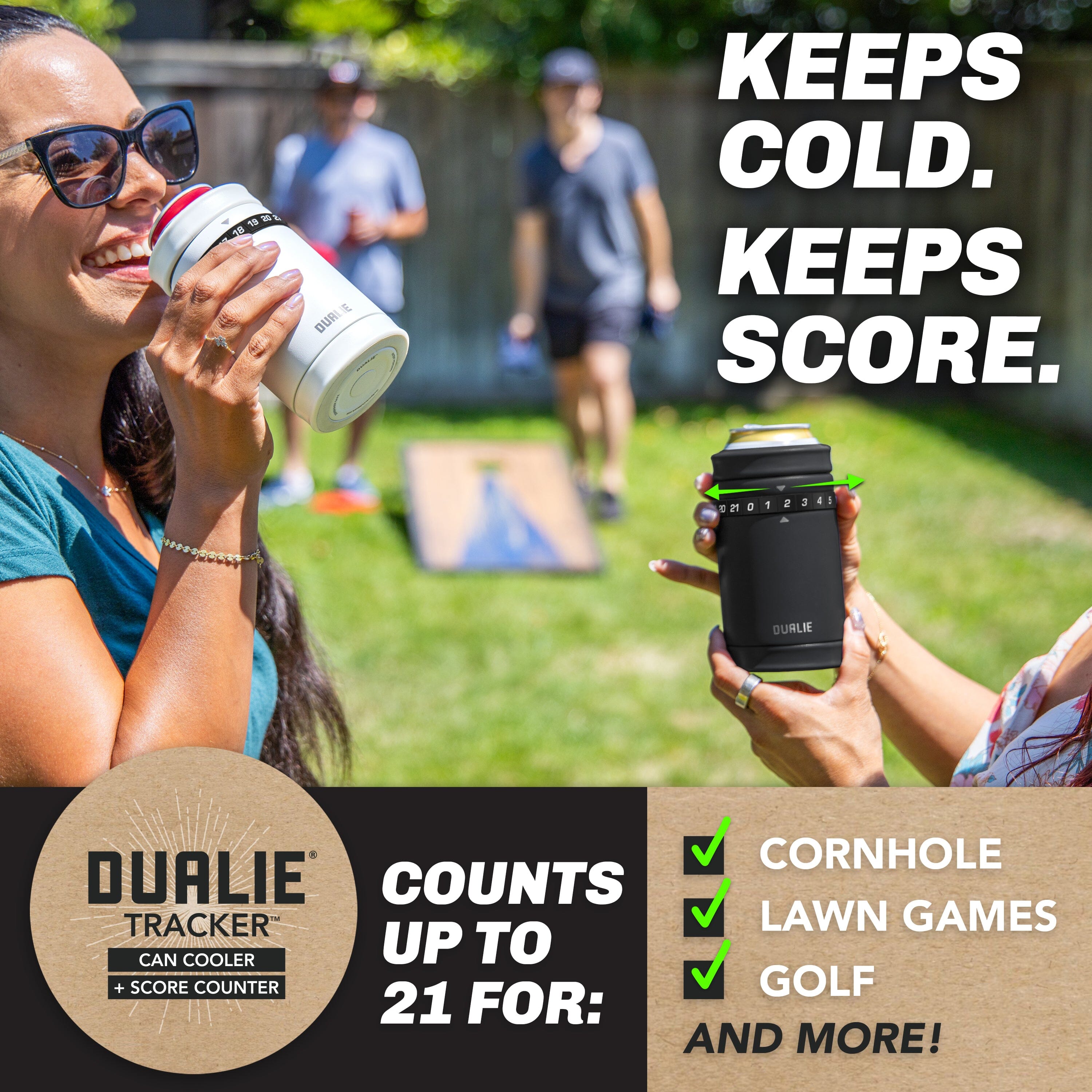 DUALIE Tracker Drink Cooler - Game Score Counter and 3 in 1 Insulated Can Cooler - Universal Size for 12 oz Cans, Slim Cans, and Bottles - White Playgosports.com 