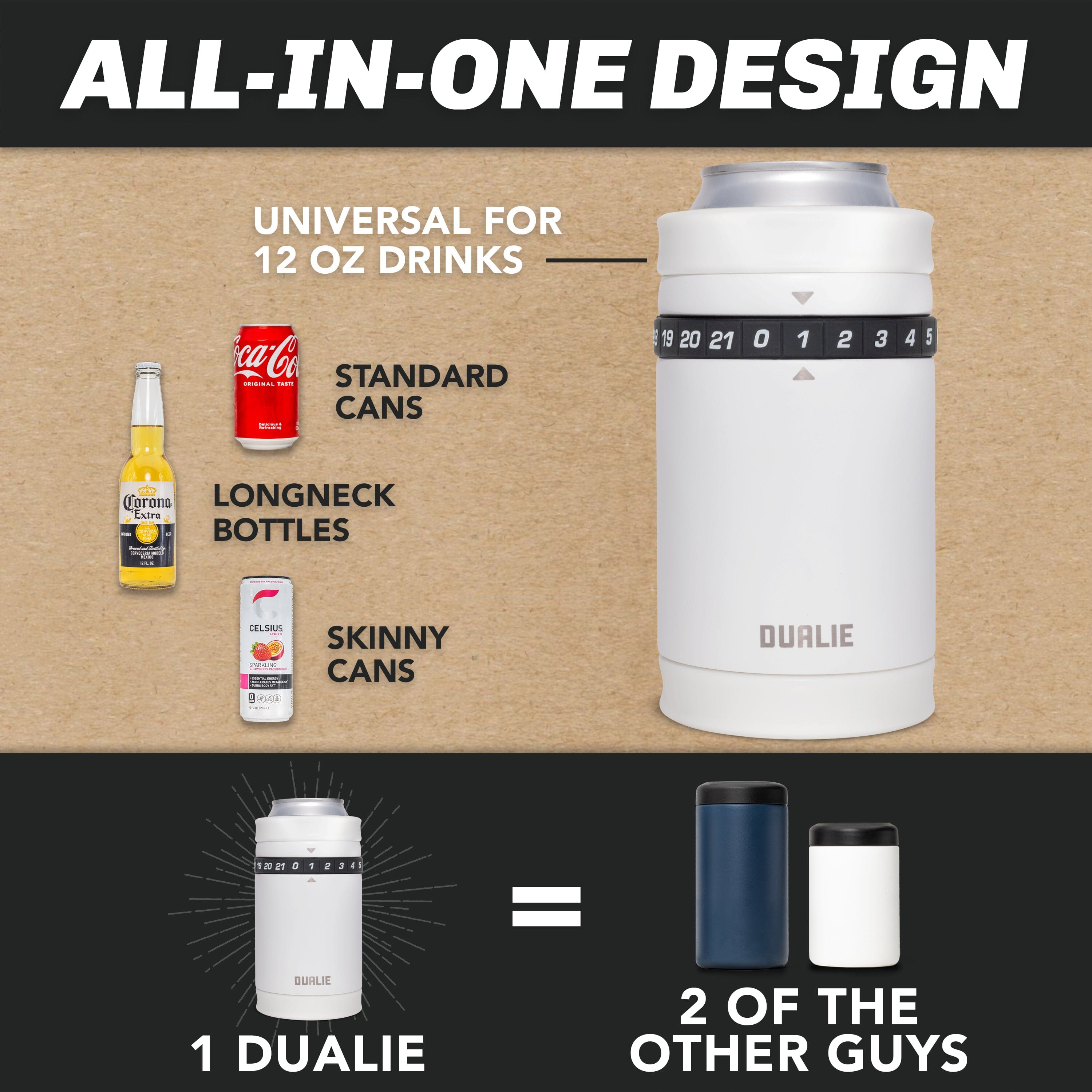 DUALIE Tracker Drink Cooler - Game Score Counter and 3 in 1 Insulated Can Cooler - Universal Size for 12 oz Cans, Slim Cans, and Bottles - White Playgosports.com 