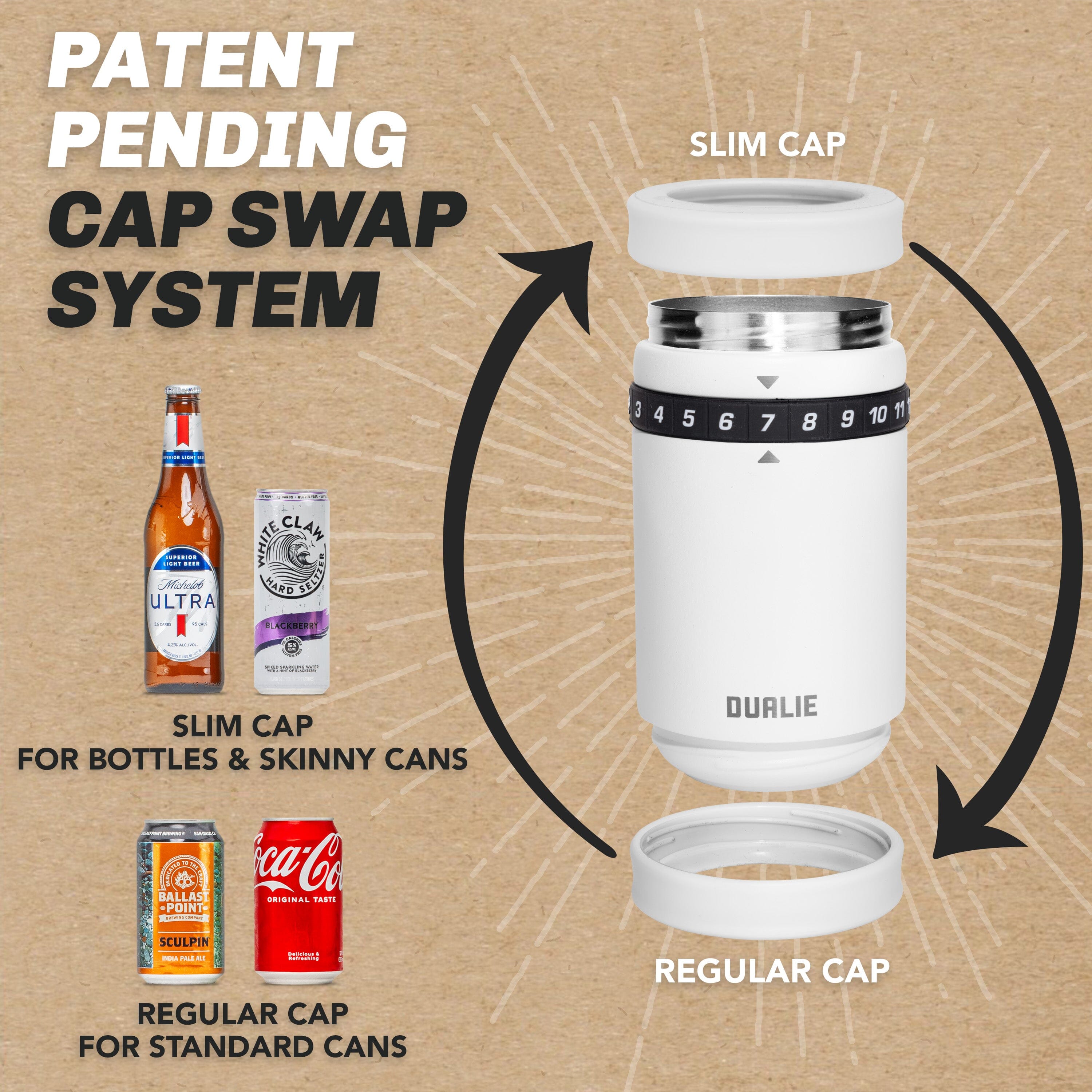 DUALIE Tracker Drink Cooler - Game Score Counter and 3 in 1 Insulated Can Cooler - Universal Size for 12 oz Cans, Slim Cans, and Bottles - White Playgosports.com 