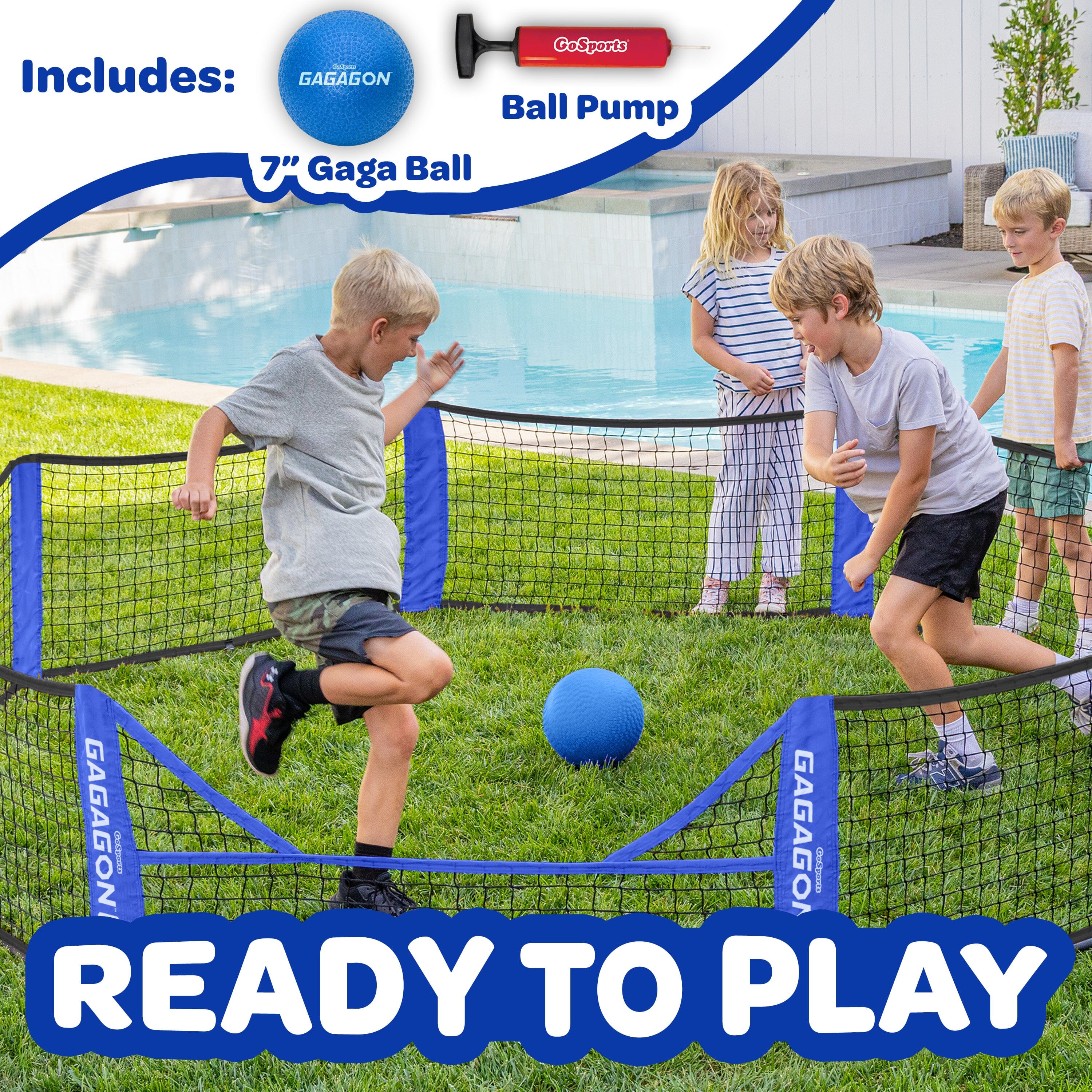 Children playing with a Gaga Ball set on grass near a pool, featuring a ball pump and Gaga Ball.