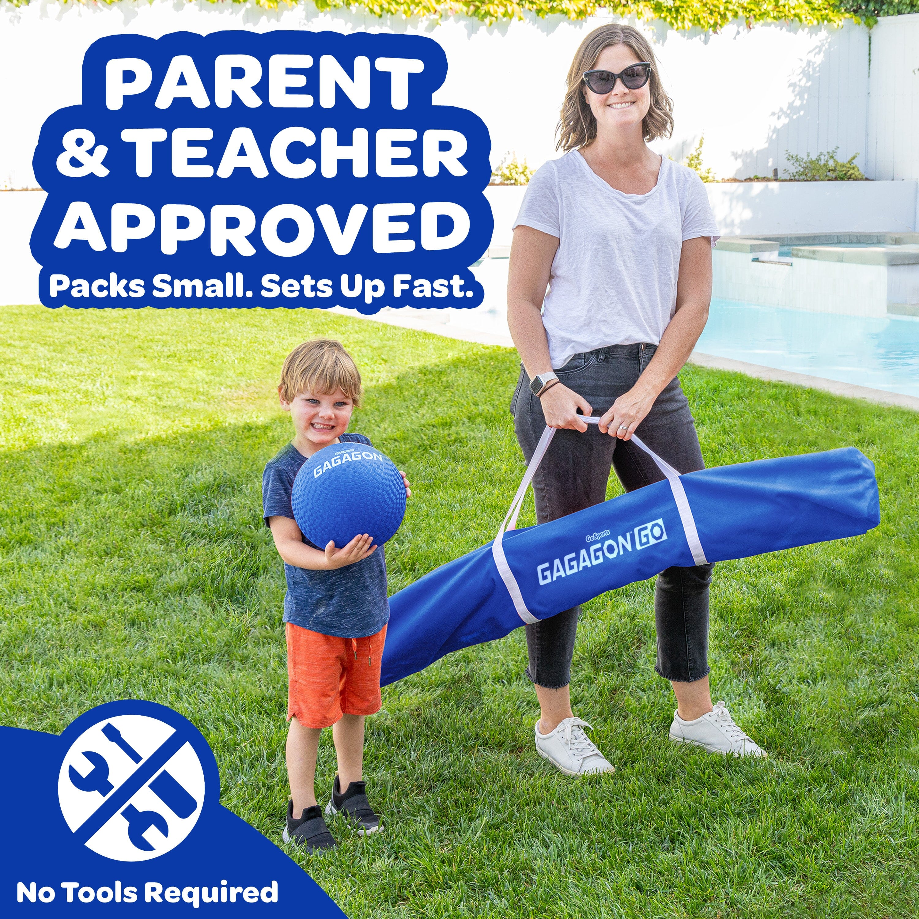 Woman and child holding a blue Gagagon product on grass with pool in background