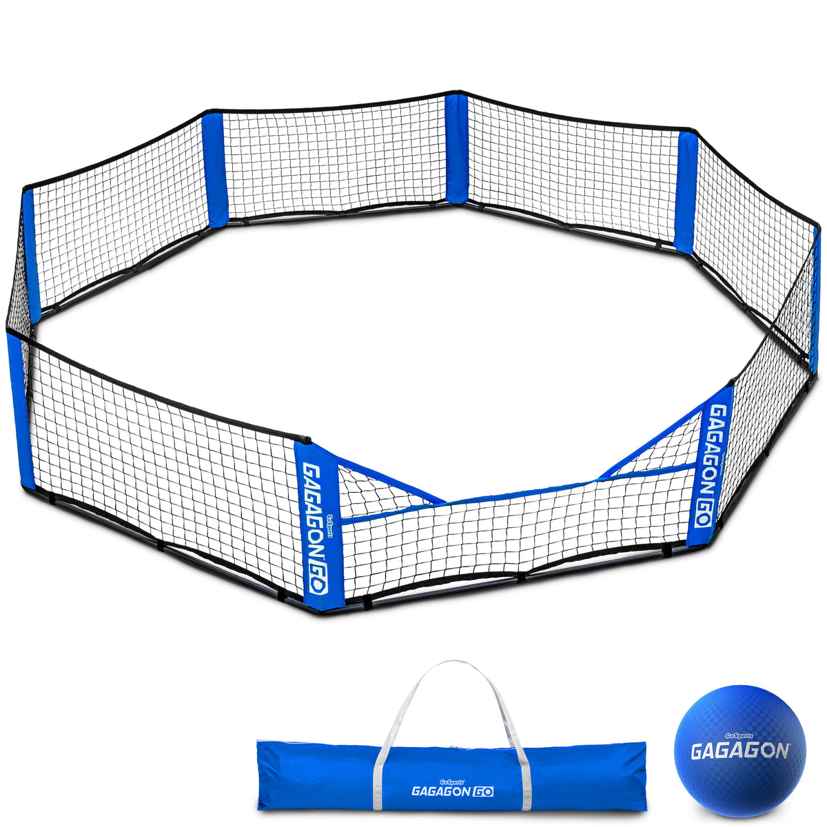 Blue and black GAGAGONcourt net with a matching blue carrying bag and blue training ball on a white background.