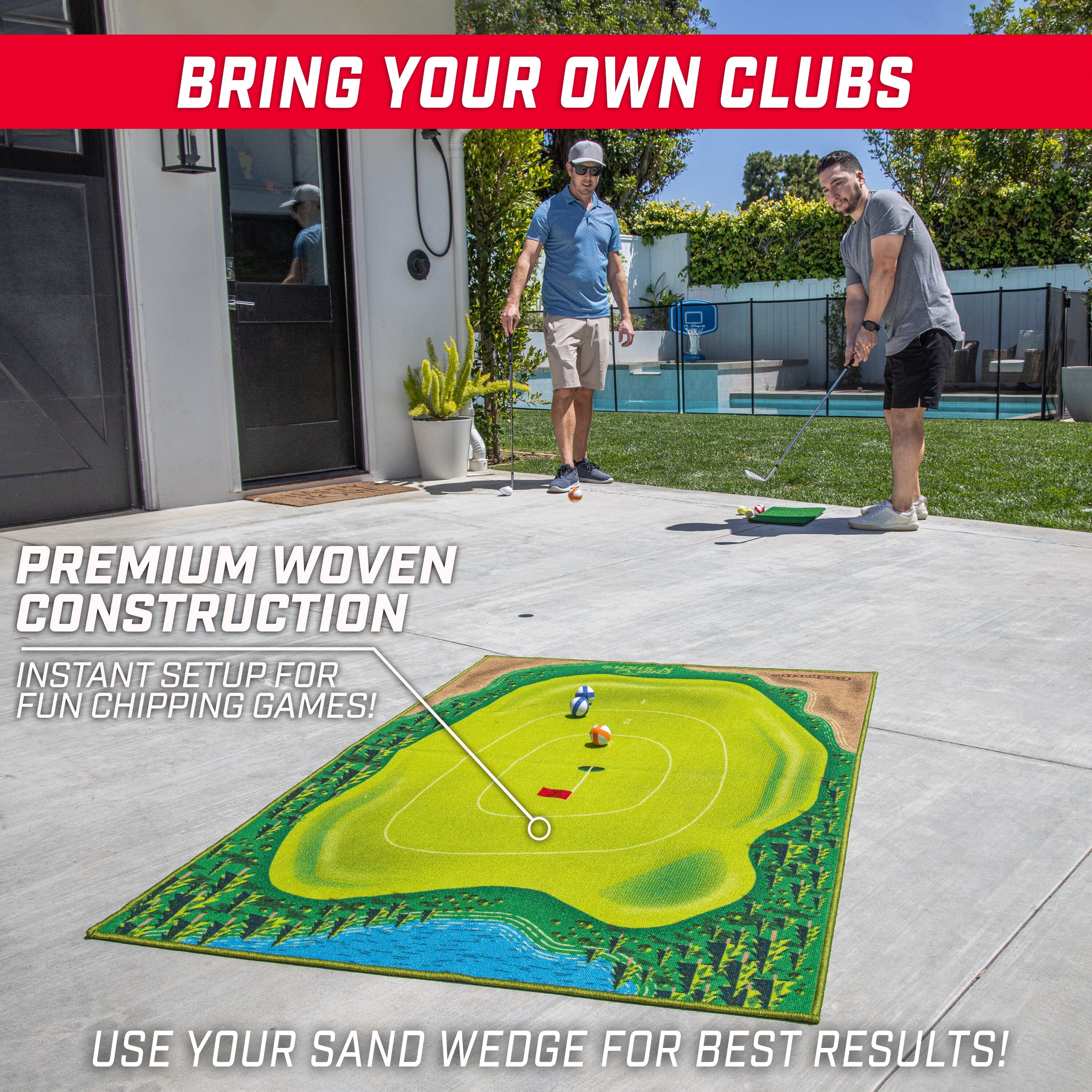 a man is playing golf on a concrete surface