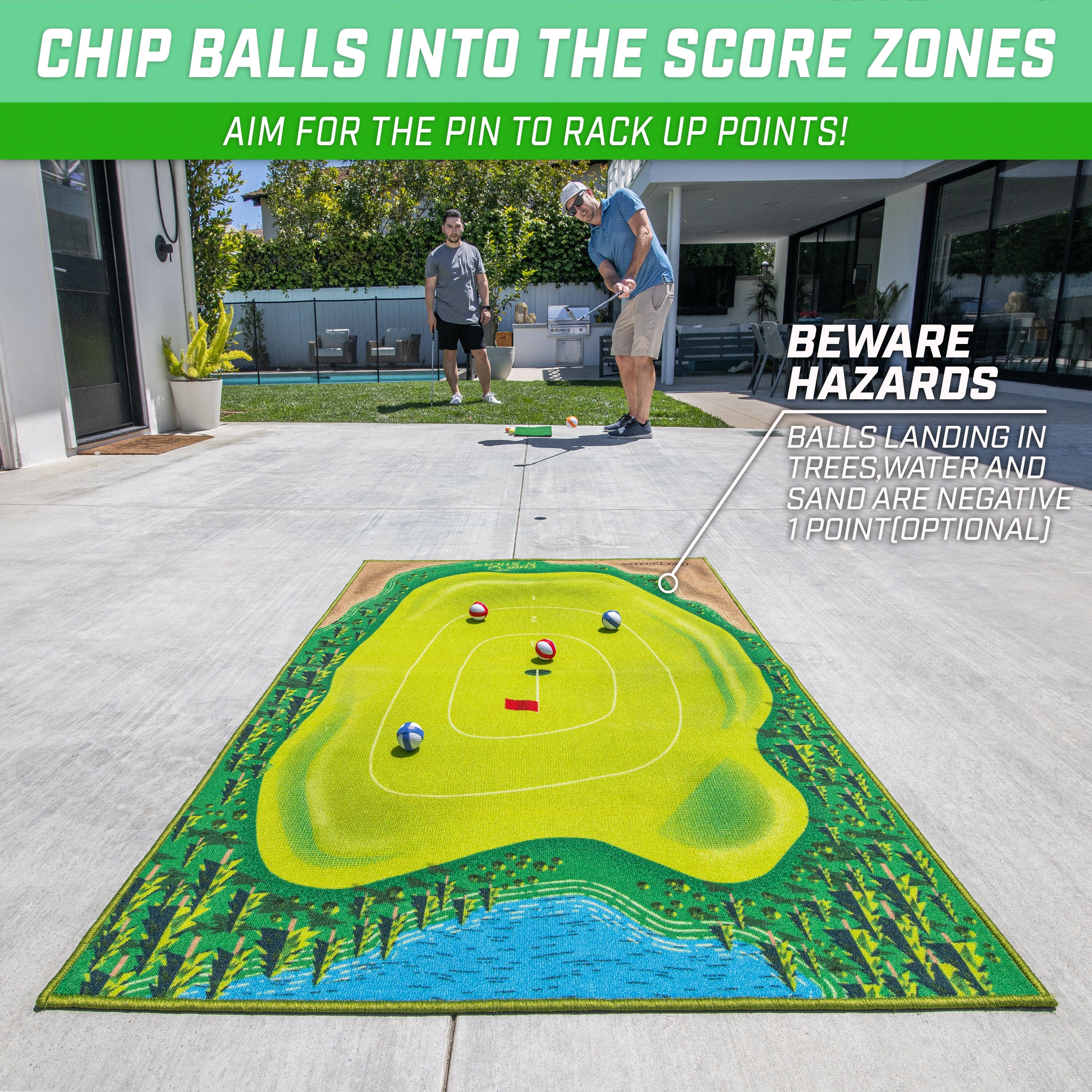 a man is playing golf on a green mat