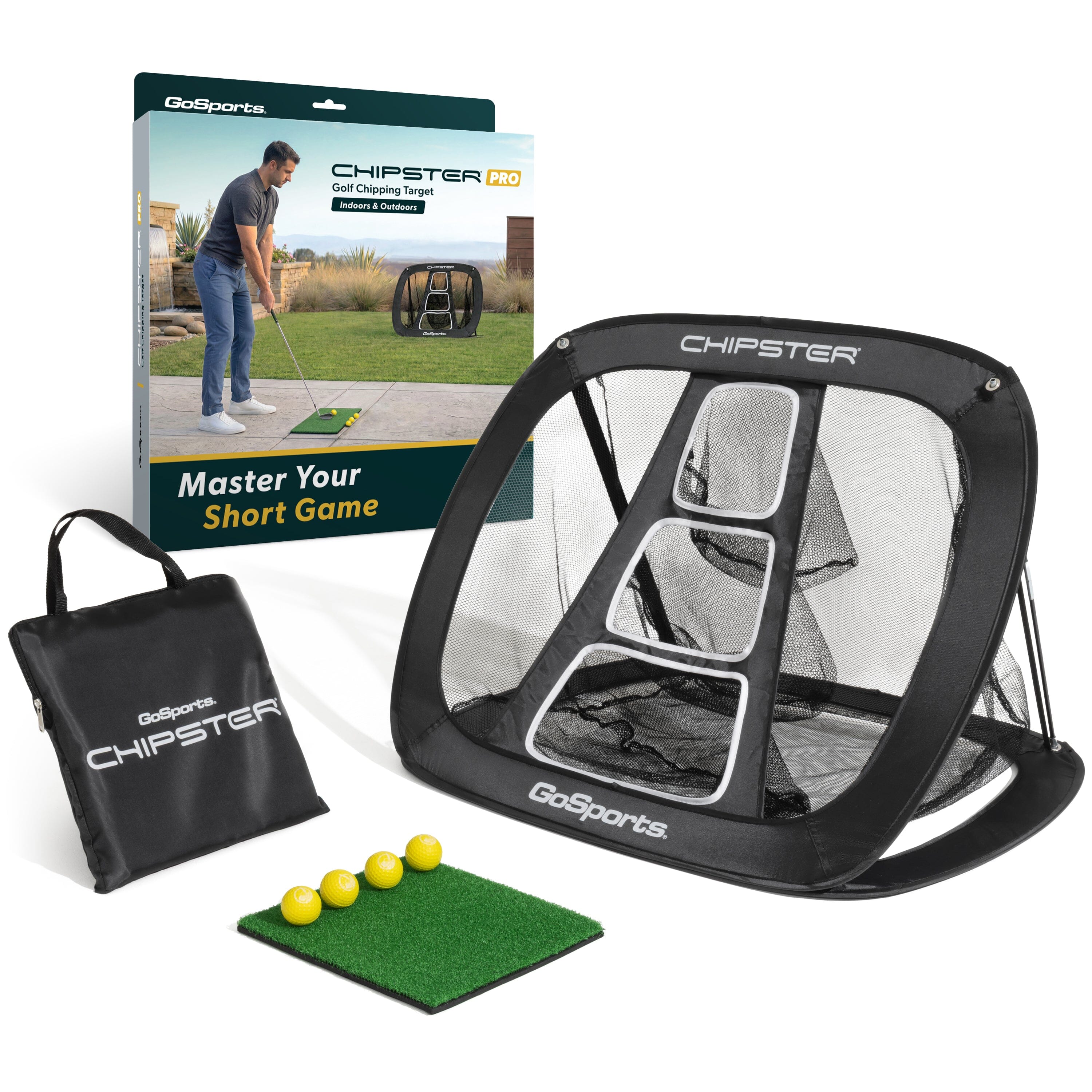 GoSports Chipster PRO Golf Chipping Net - Portable Outdoor & Indoor Golf Practice Target with Hitting Mat and 4 Foam Balls - Best Gifts for Golfers - Black Playgosports.com 