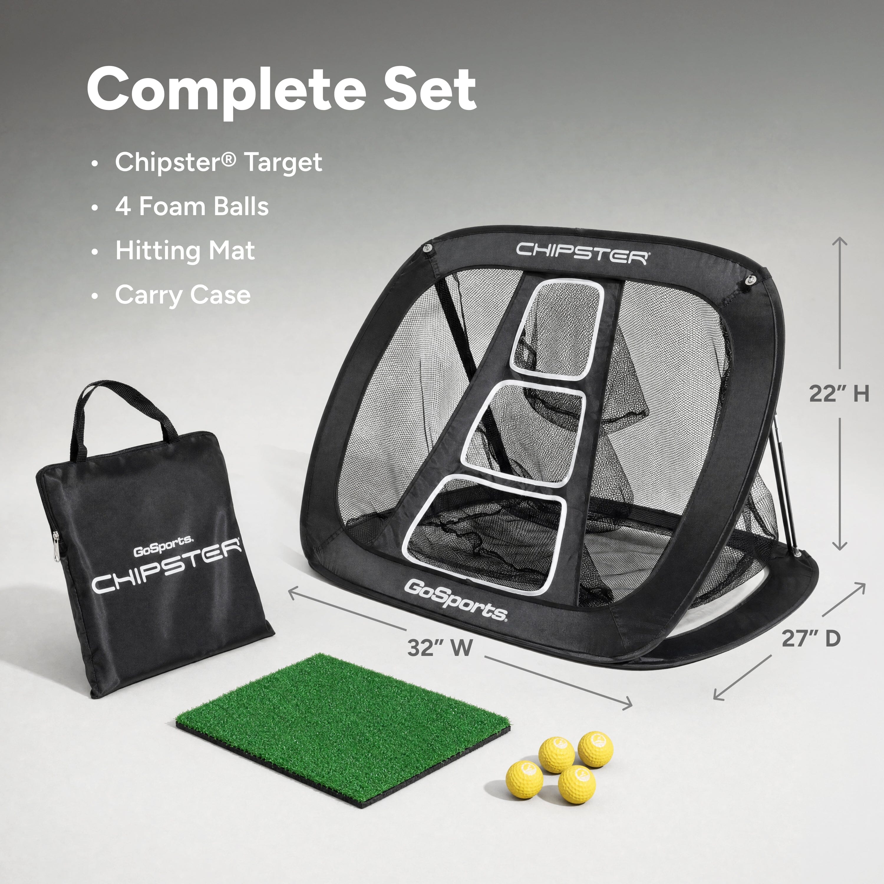 GoSports Chipster PRO Golf Chipping Net - Portable Outdoor & Indoor Golf Practice Target with Hitting Mat and 4 Foam Balls - Best Gifts for Golfers - Black Playgosports.com 