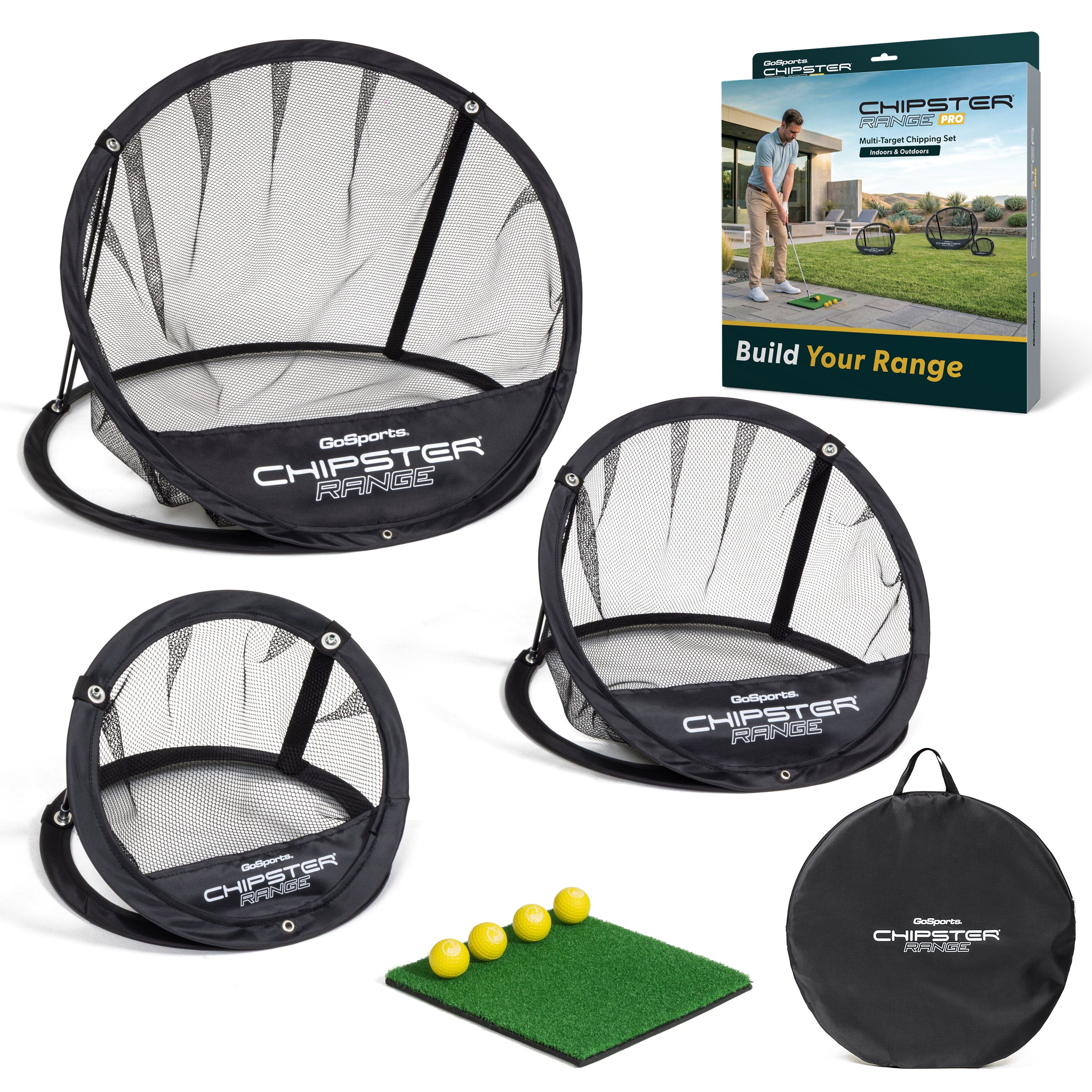 GoSports Chipster Range PRO Golf Chipping Nets - Portable Outdoor & Indoor Golf Practice Targets with Hitting Mat and 4 Foam Balls - Best Gifts for Golfers - Black Playgosports.com 