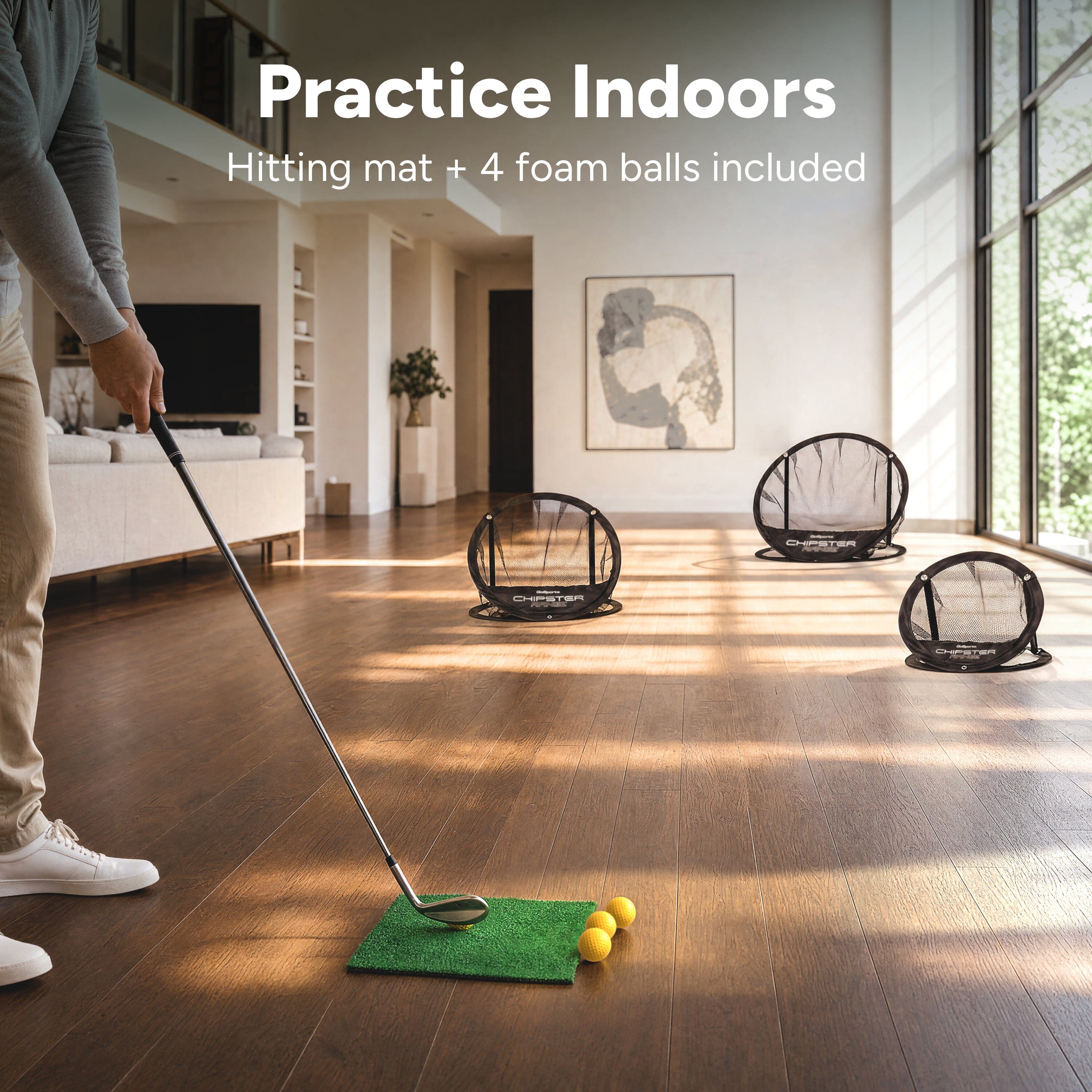 GoSports Chipster Range PRO Golf Chipping Nets - Portable Outdoor & Indoor Golf Practice Targets with Hitting Mat and 4 Foam Balls - Best Gifts for Golfers - Black Playgosports.com 