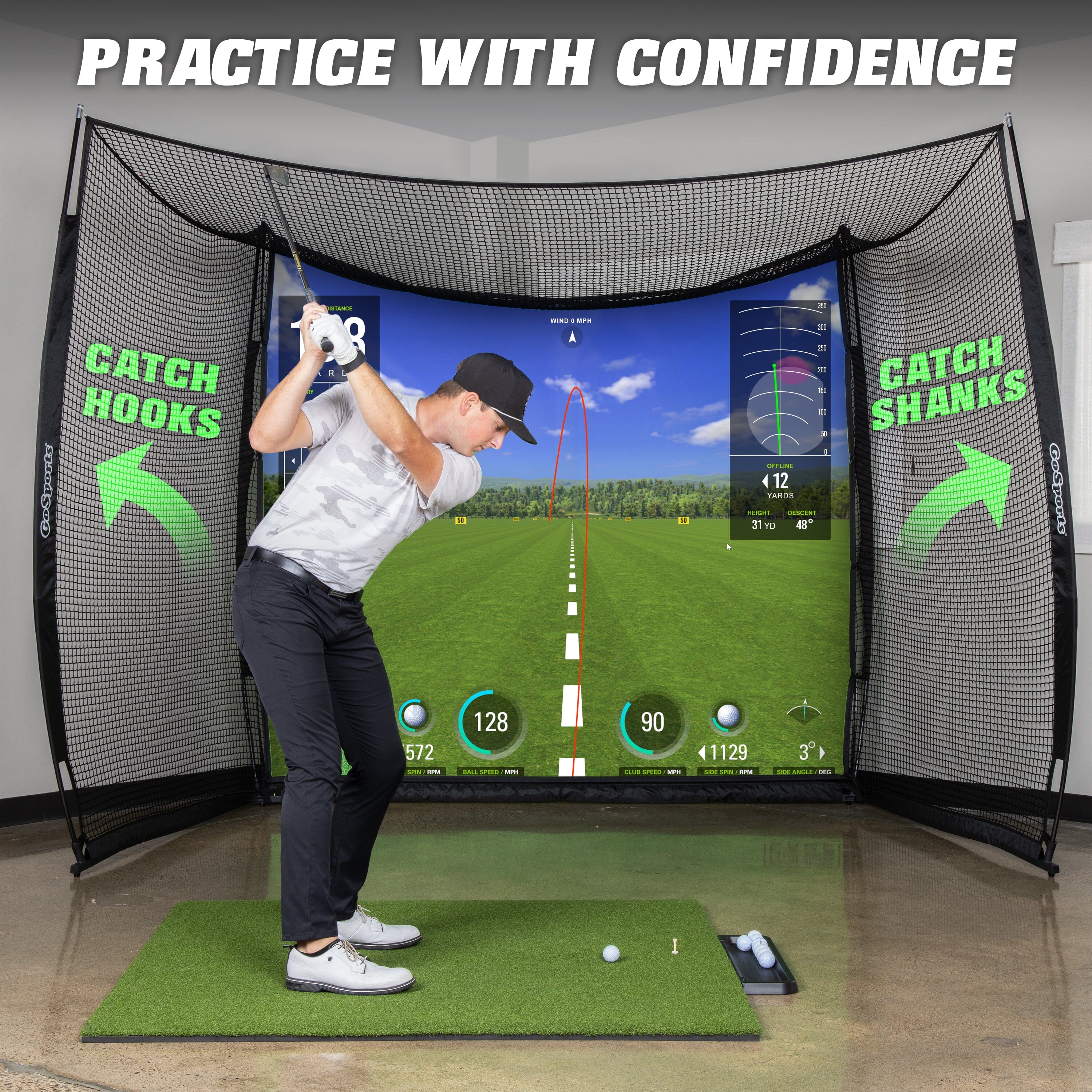 a man hitting a golf ball on a golf simulator