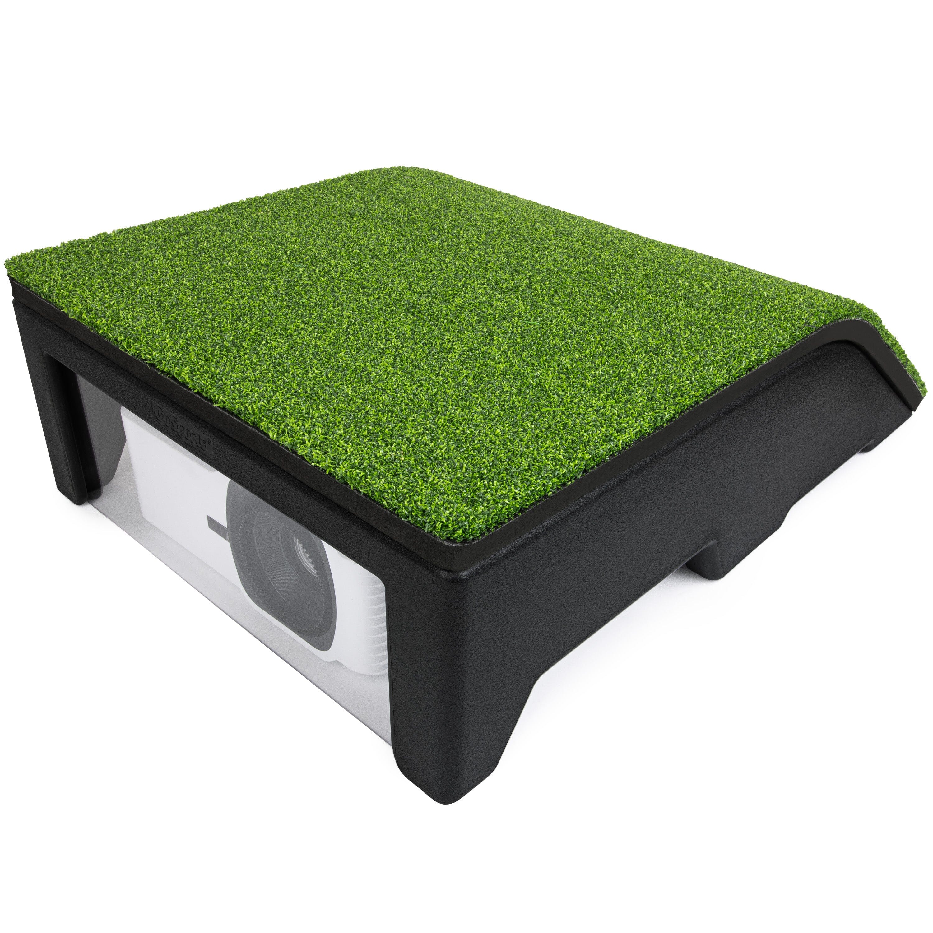 Golf projector cover with green textured top and black sides on a white background