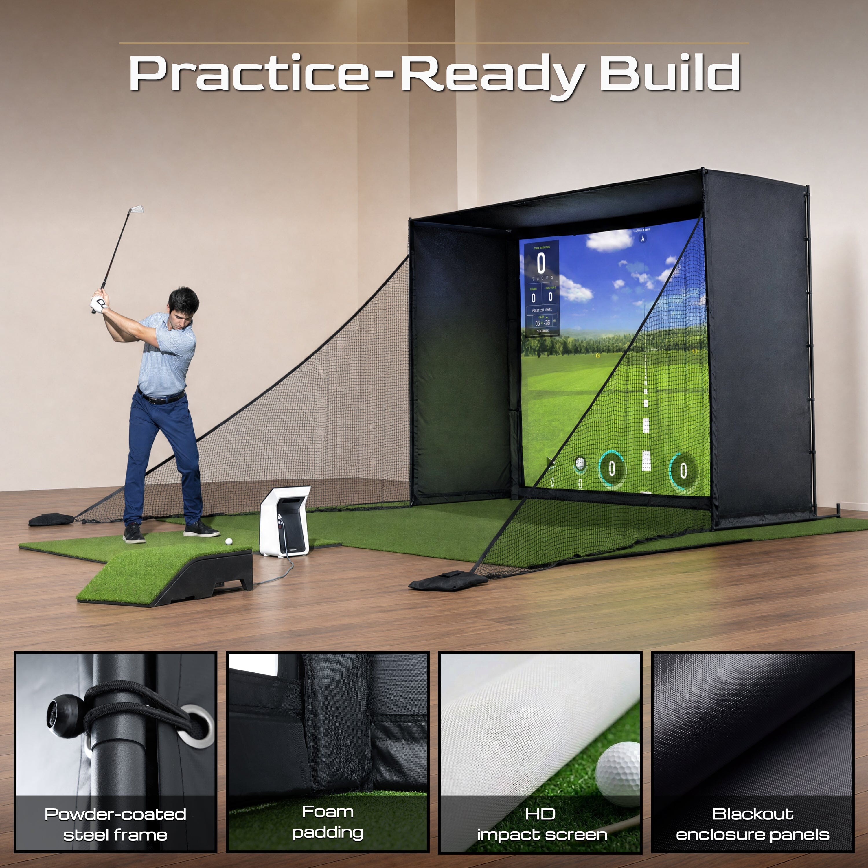 Golf Simulator 10 x 8 ft Enclosure with HD Impact Screen and Shank Nets GoSports 