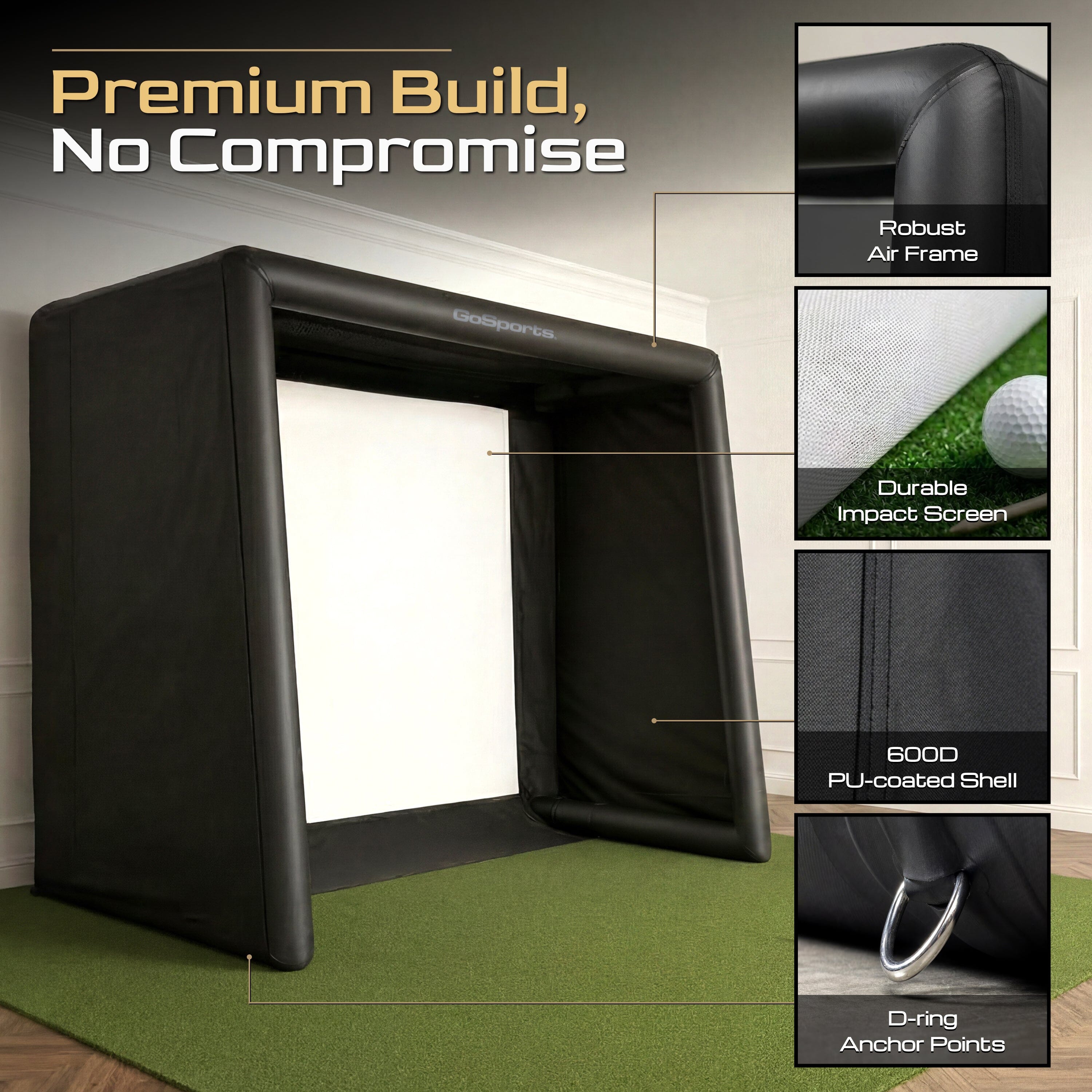 GoSports Commercial Grade Inflatable Golf Simulator Enclosure for Home - 12 x 9 ft Indoor & Outdoor Portable Hitting Cage with Golf Simulator Impact Screen - Includes Electric Pump and Storage Case PlayGoSports.com 