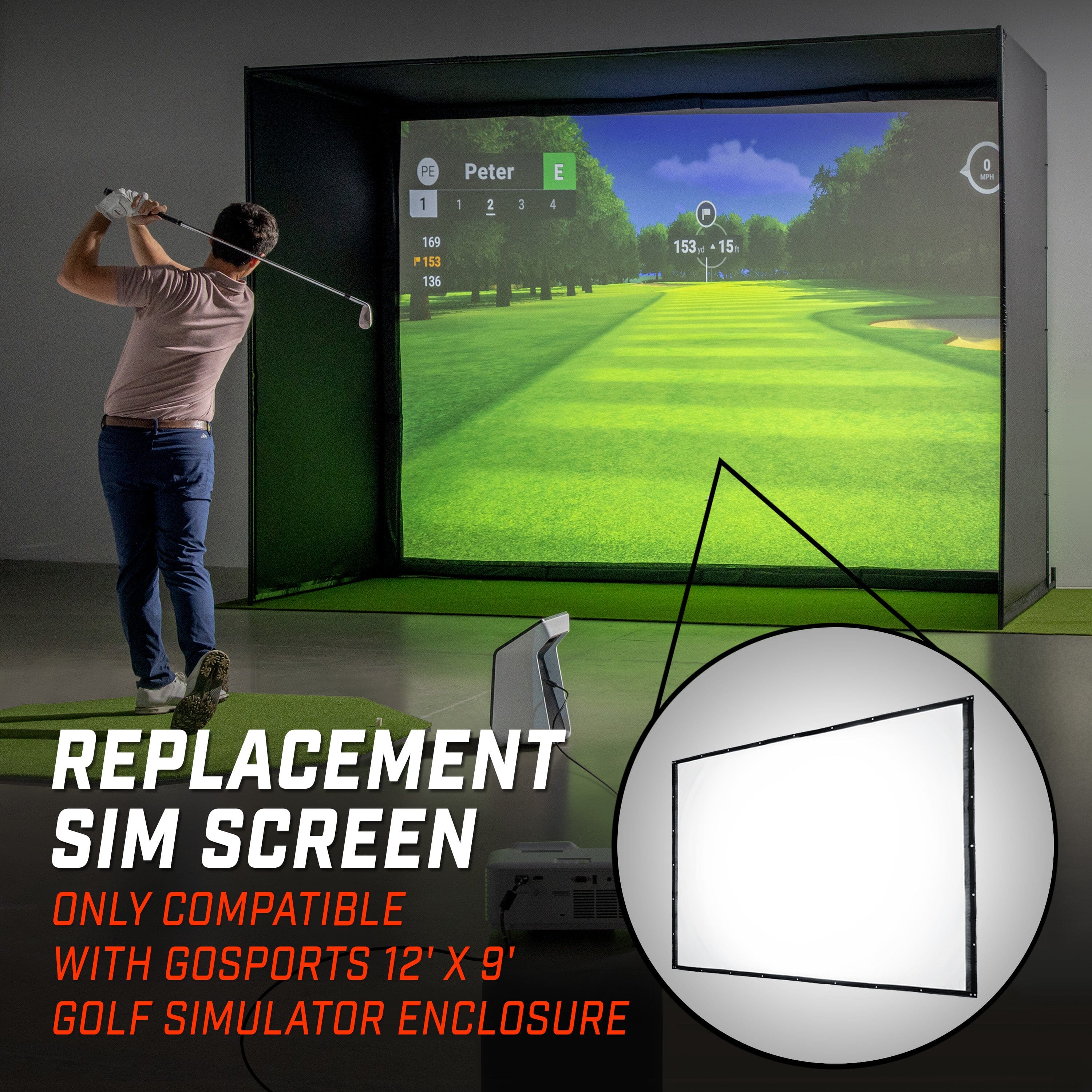 GoSports Replacement Sim Screen - Only Compatible with GoSports 12' x 9' Golf Simulator Enclosure GoSports. Man swinging golf club.