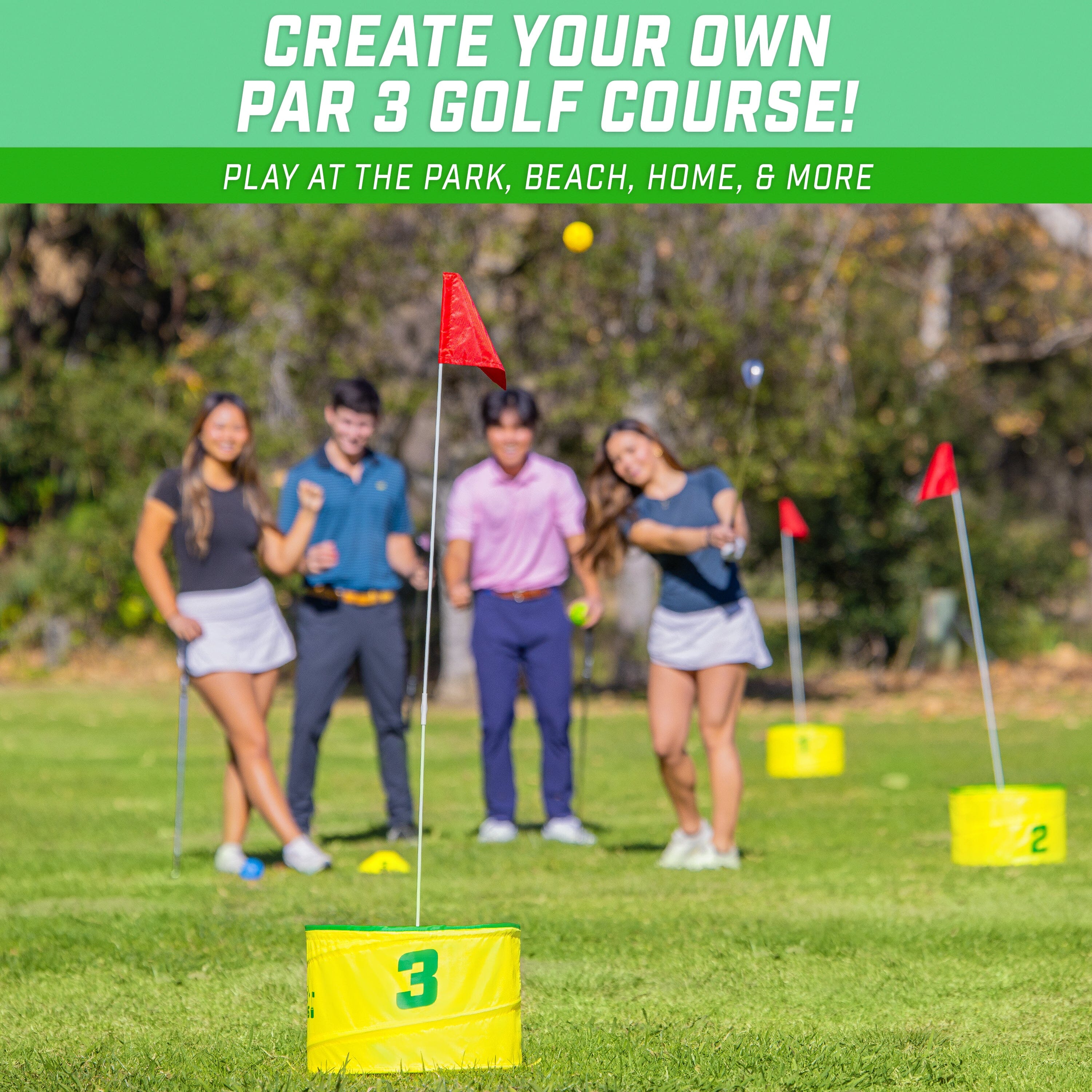 a group of people playing golf on the grass