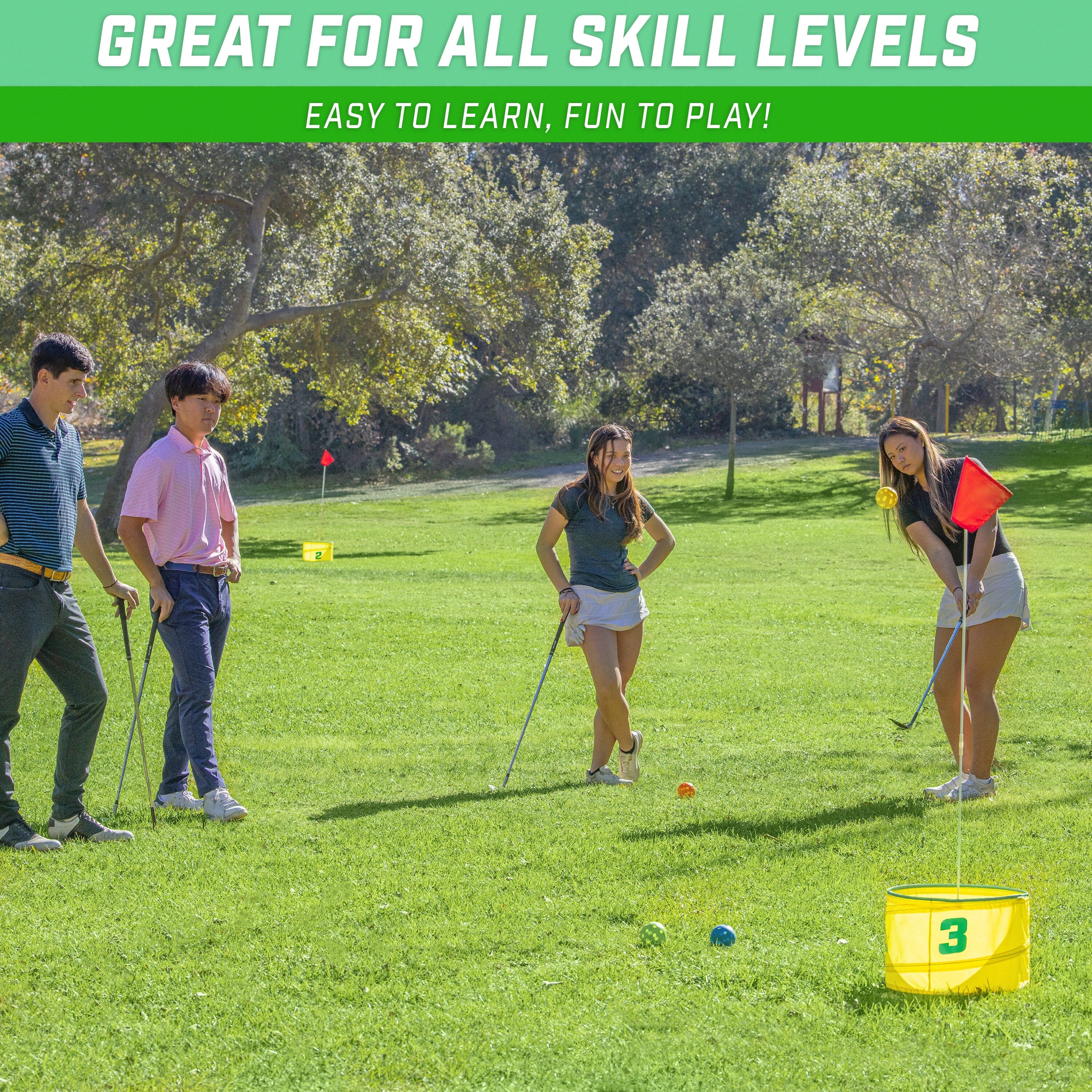 a group of people playing golf in a field