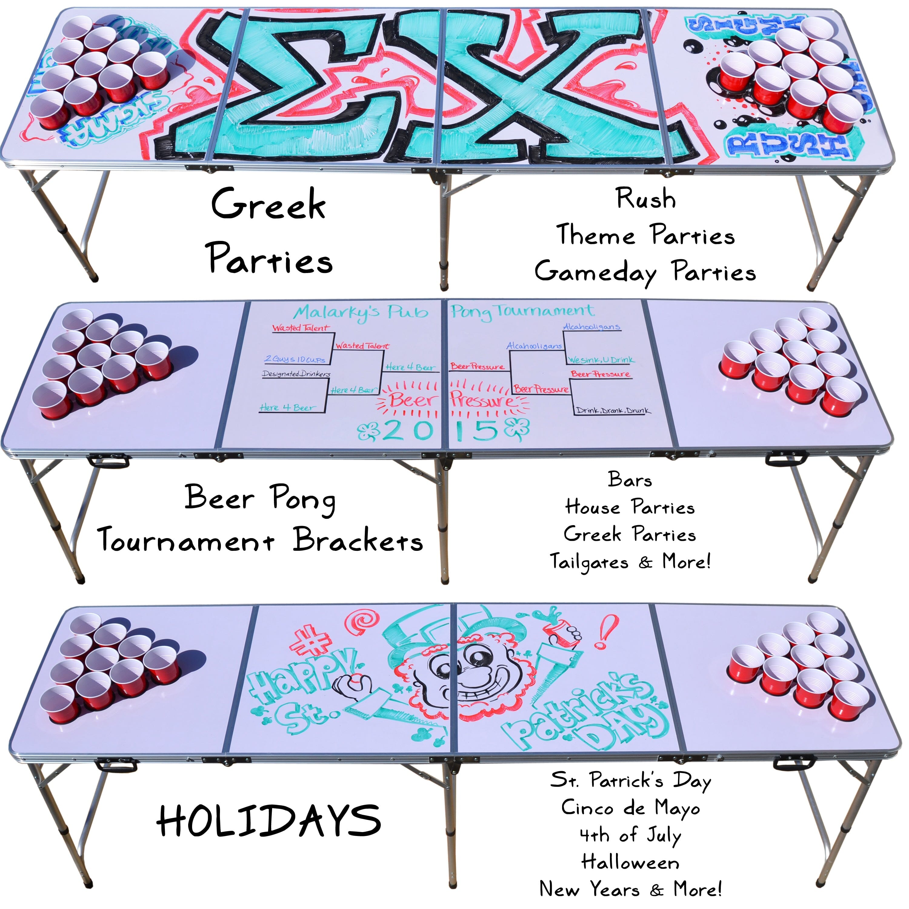 Three tables with different themes drawn on it 