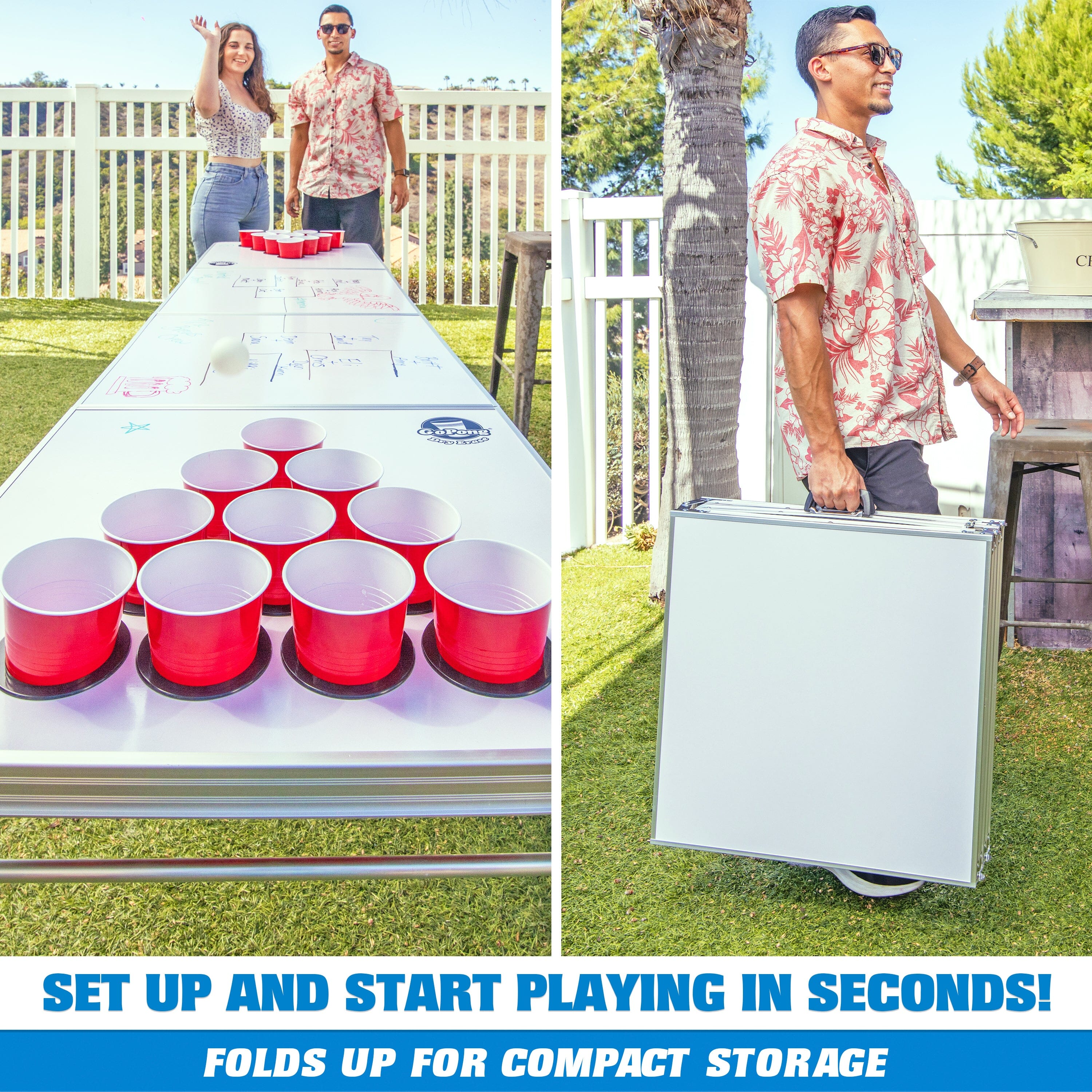 a man and woman playing a game of beer pong man holding a folded table