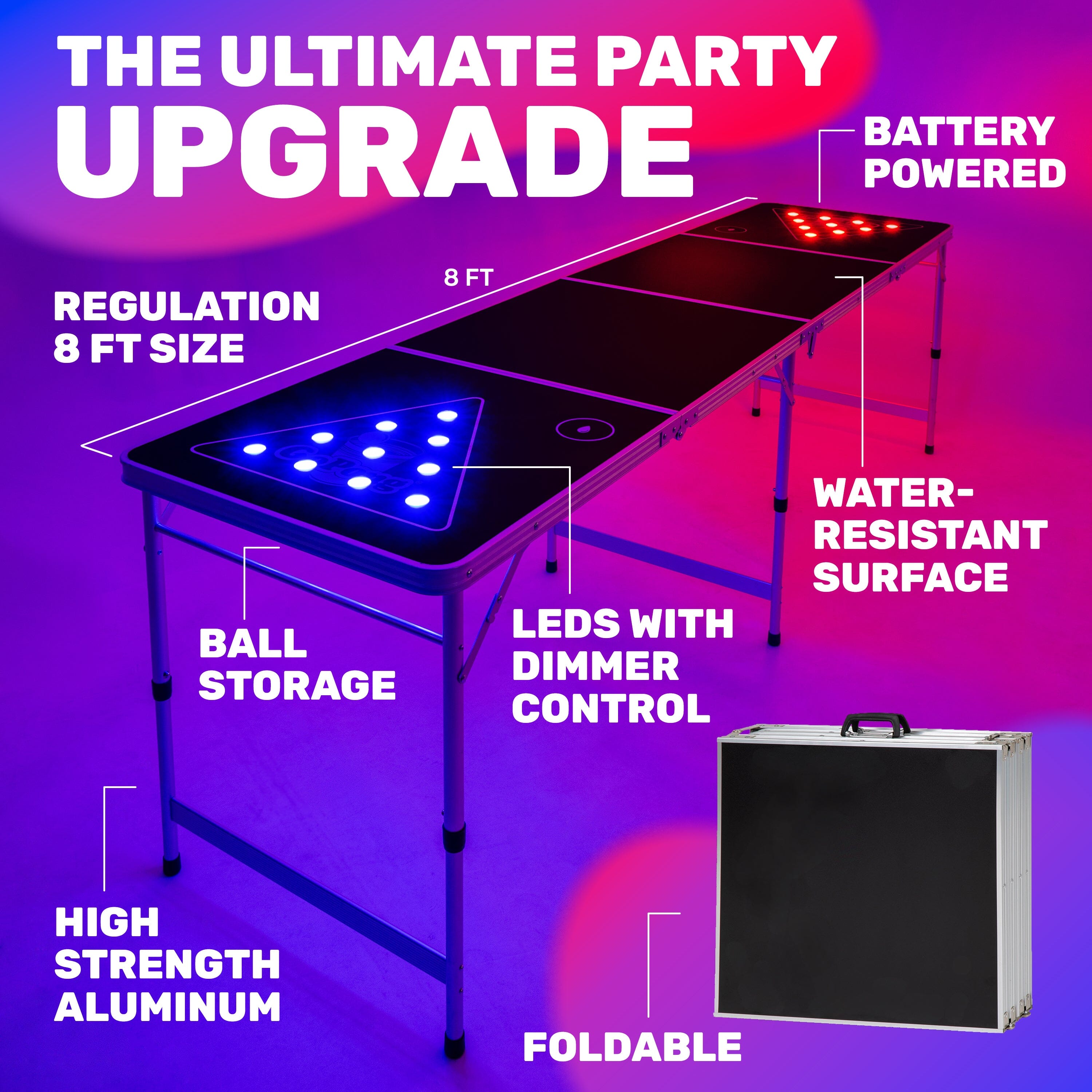 GoPong 8 ft Foldable Beer Pong Table with LED Lights - Regulation Size Portable Pong Table with 6 Balls PlayGoSports.com 