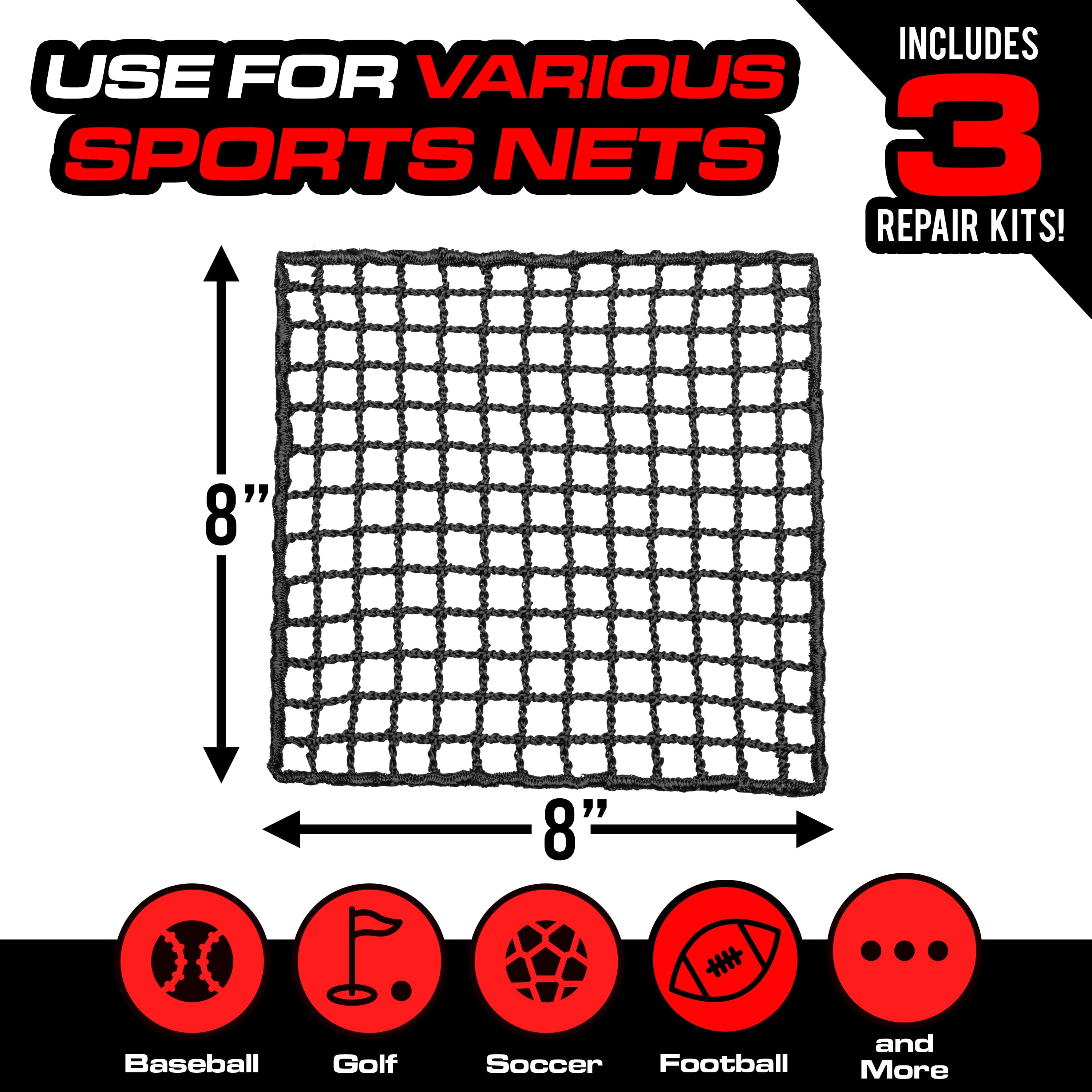 GoSports 3 Pack Universal Sports Net Repair Kits for Golf, Baseball, Soccer, and More - 8 x 8 Inch Sports Netting Patch Kits GoSports 