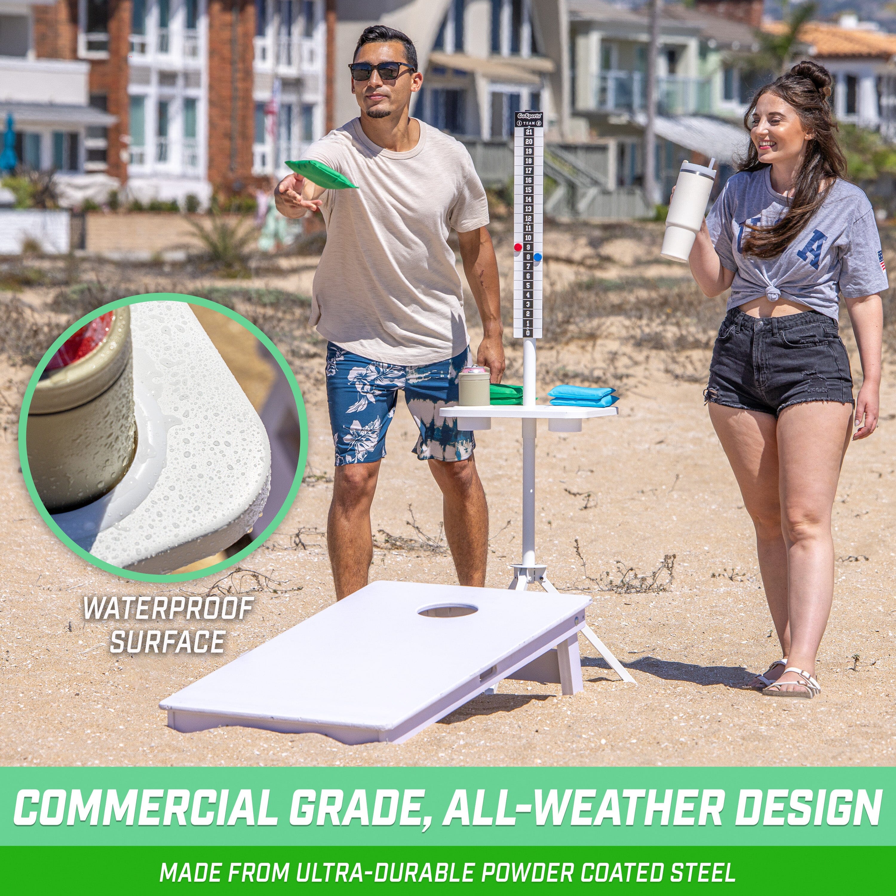 GoSports All Weather Cornhole Scoreboard - Set of 2 Metal ScoreCaddy Tables with Drink Holders - Magnetic Outdoor Score Keeper for Yard Games - White Cornhole GoSports 